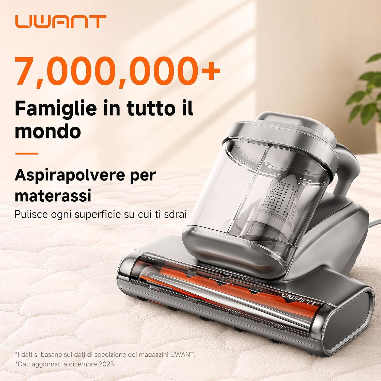 Aspirapolvere per materassi UWANT grigio su un letto chiaro con testo promozionale.