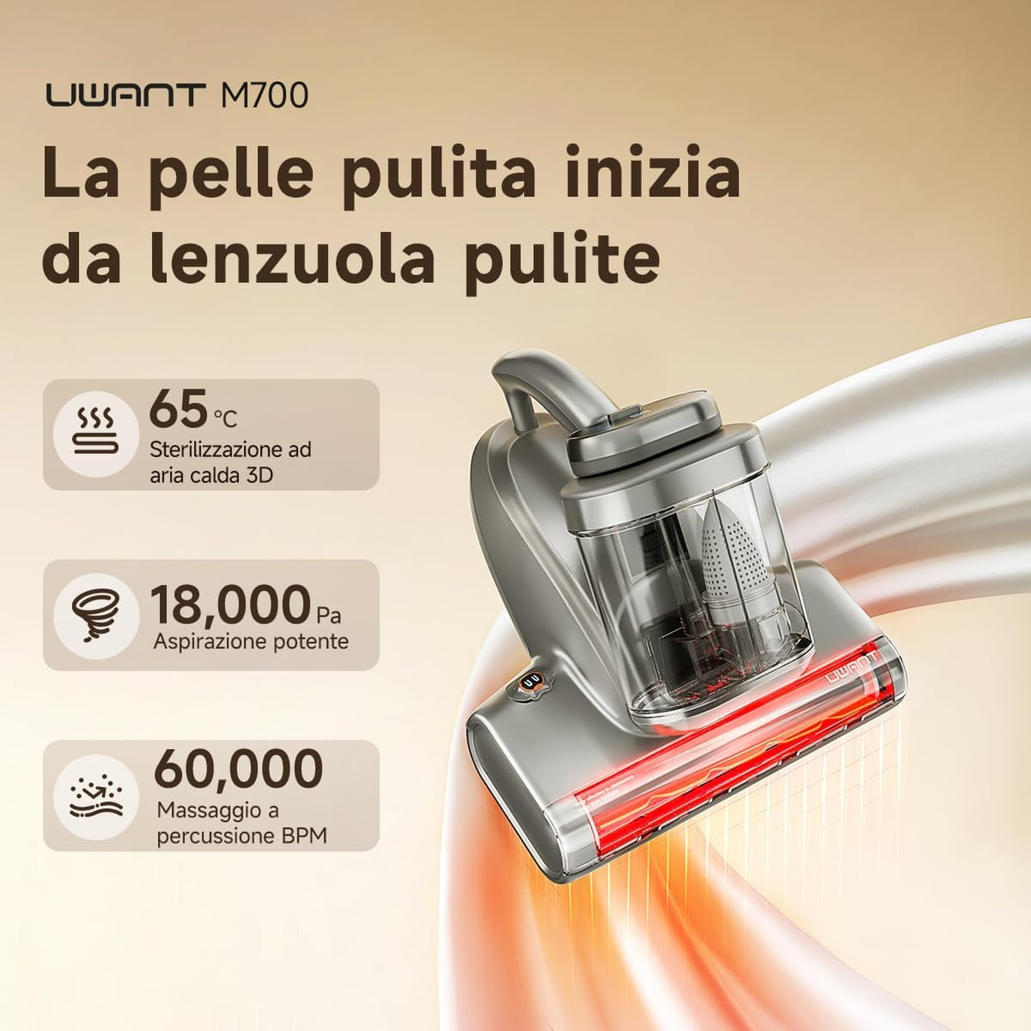 Aspirapolvere portatile grigio UWANT M700 con luce rossa sopra un lenzuolo bianco, accompagnato da testo e icone tecniche.