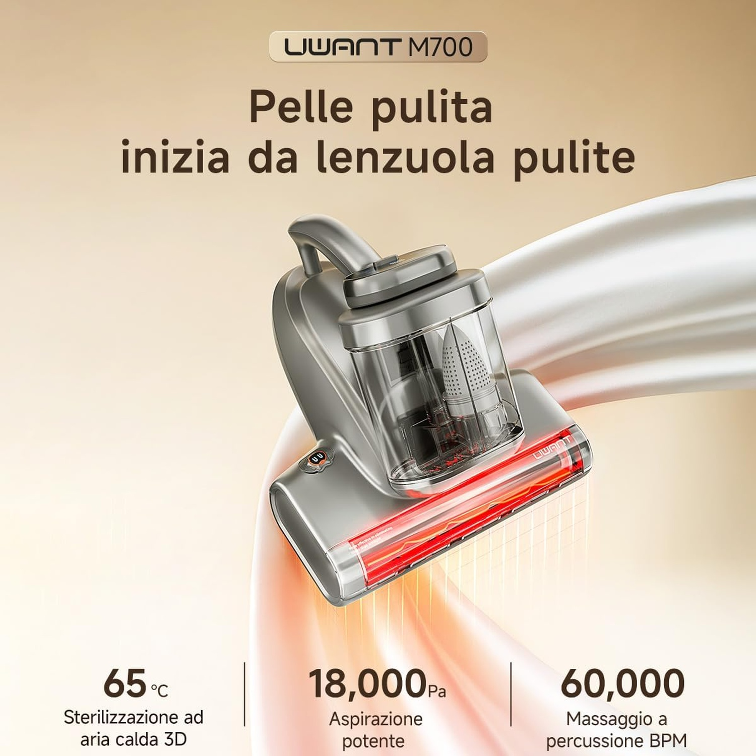 Aspirapolvere antiacaro grigio UWANT M700 su tessuto lucido con sterilizzazione a 65°C.