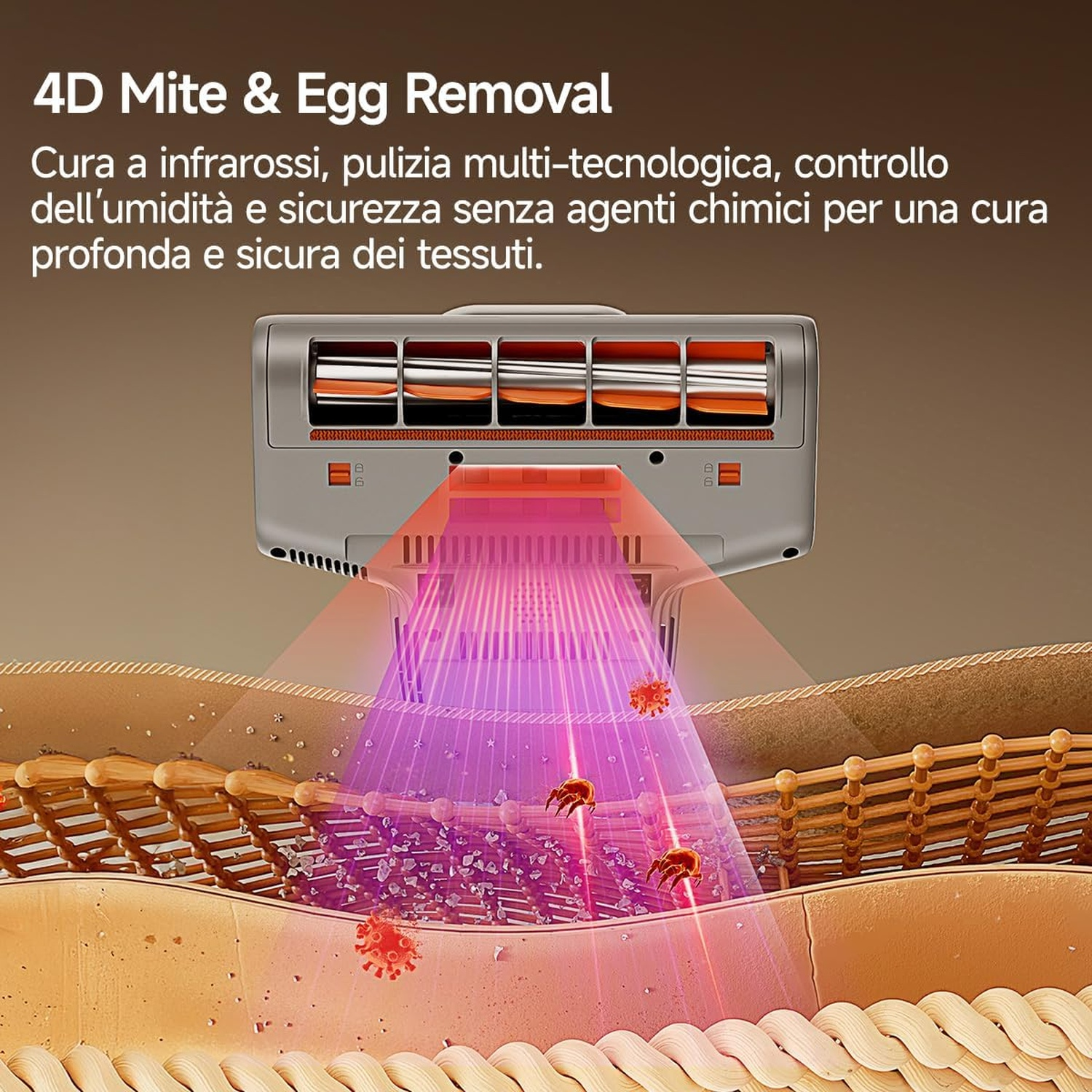 Dispositivo antiacaro con luce infrarossa pulisce un letto in tessuto.