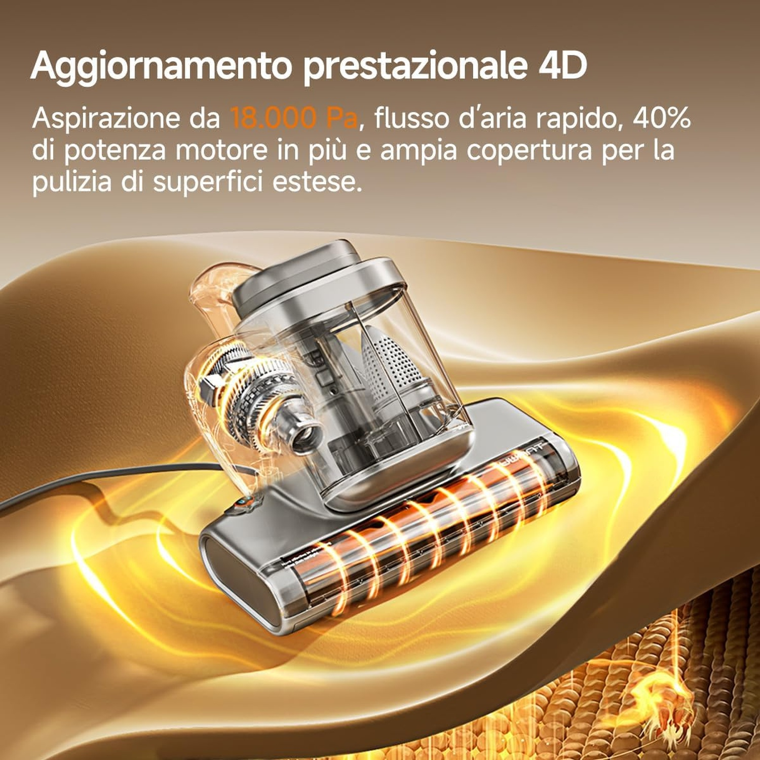 Testina di aspirapolvere trasparente con parti interne luminose su sfondo dorato.