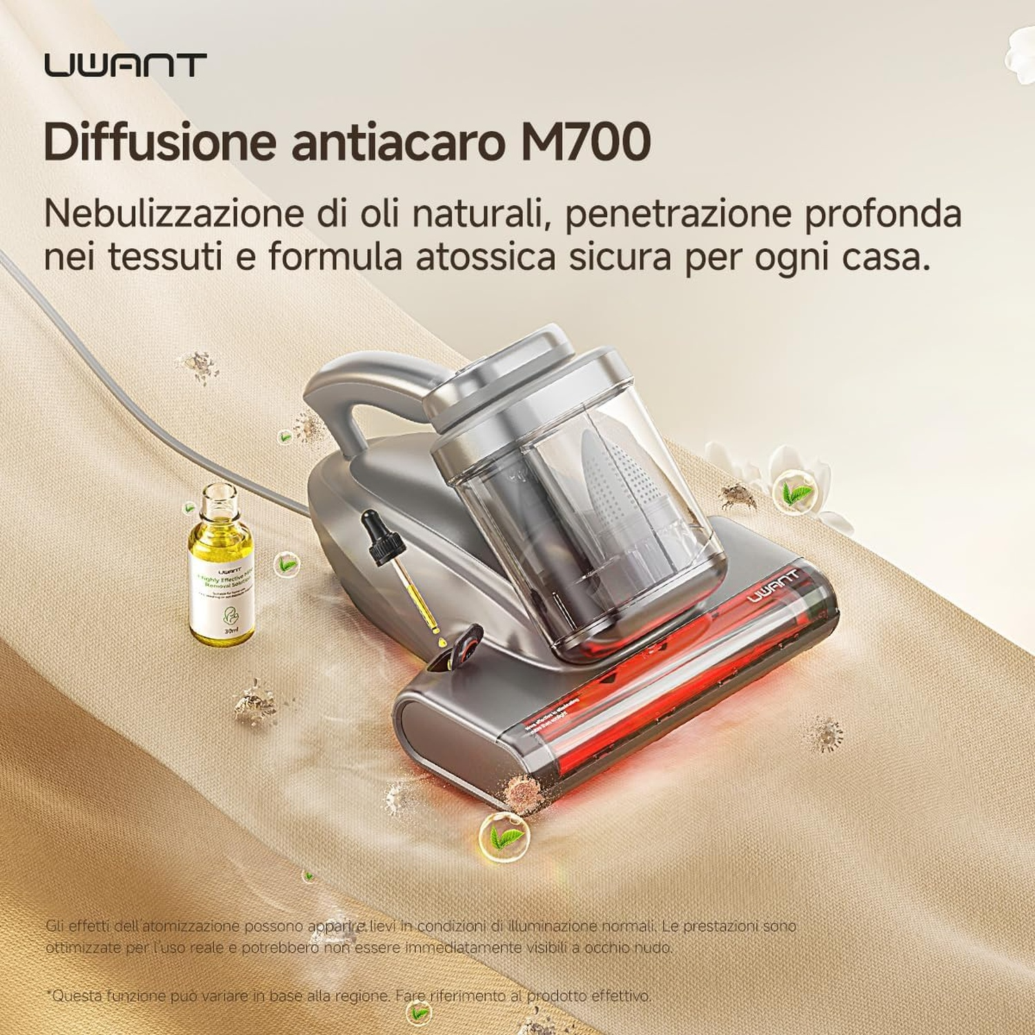 Un diffusore antiacaro UWANT M700 grigio su tessuto con gocce d'olio e grafica di acari.