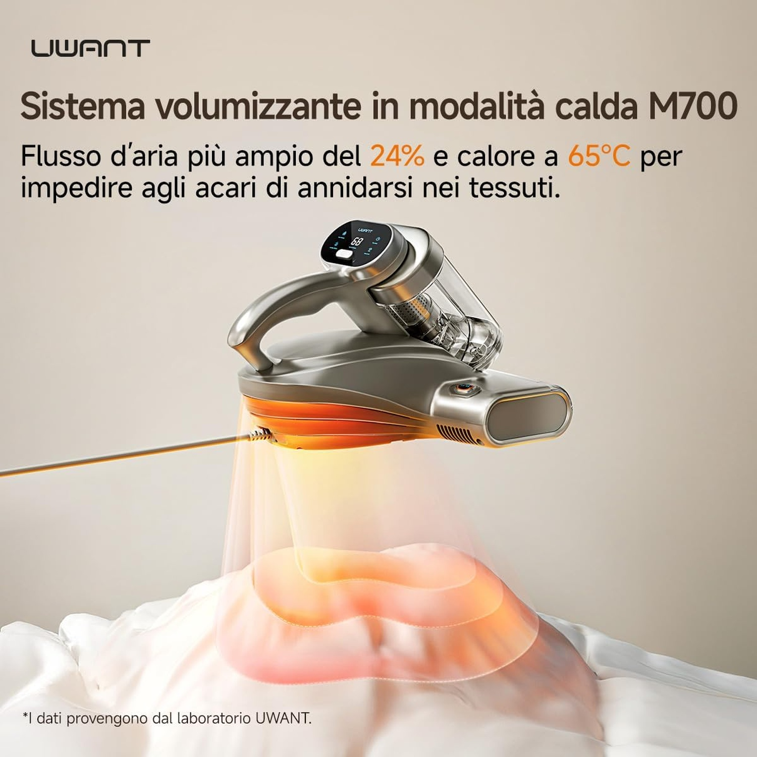 Un aspirapolvere portatile UWANT M700 emette calore su un letto, combattendo gli acari a 65°C.