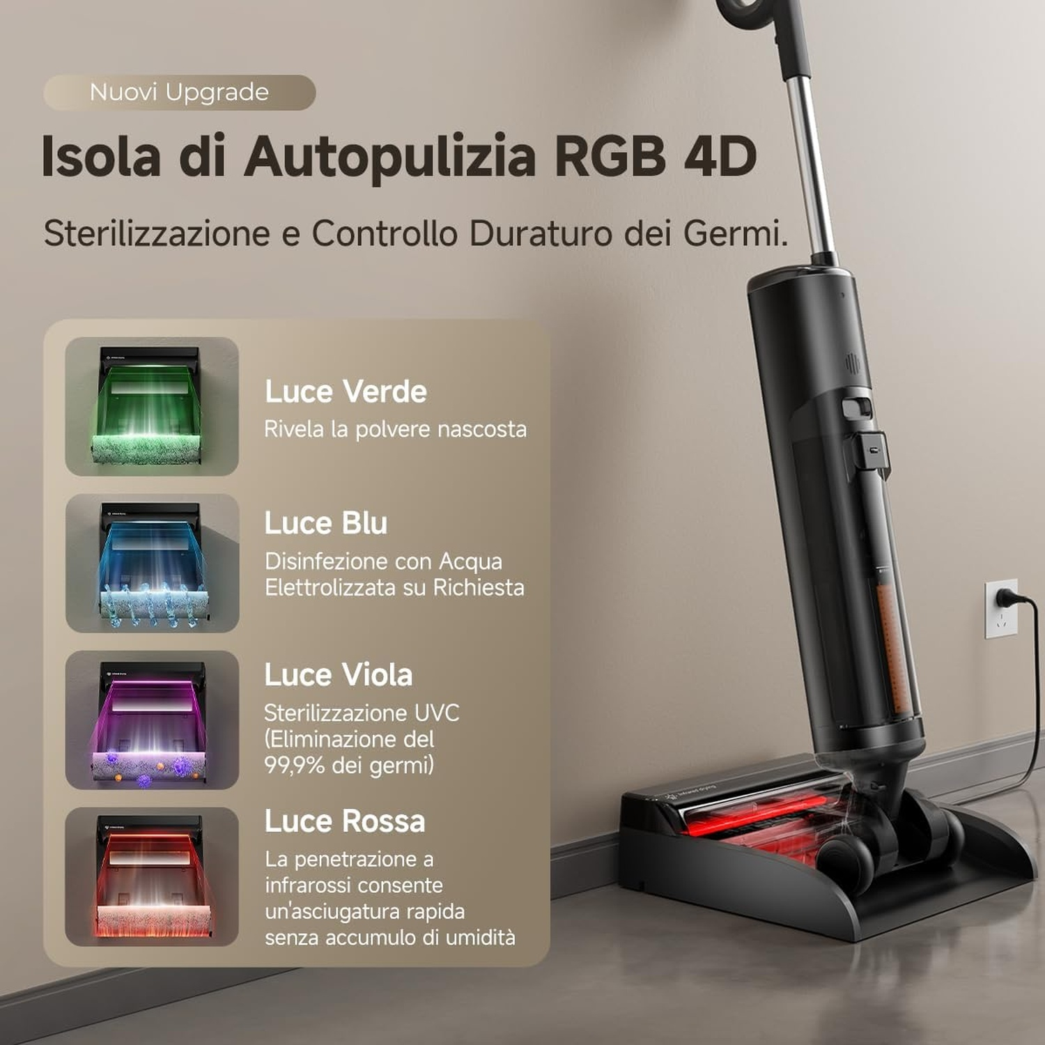 Immagine promozionale di un aspirapolvere nero con sterilizzazione a luce RGB e icone di luci verde, blu, viola e rossa.