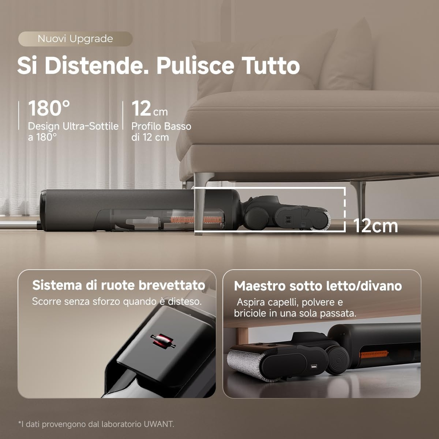 Un aspirapolvere piatto nero si infila sotto un divano, mostrando il profilo basso di 12 cm e testi in italiano.