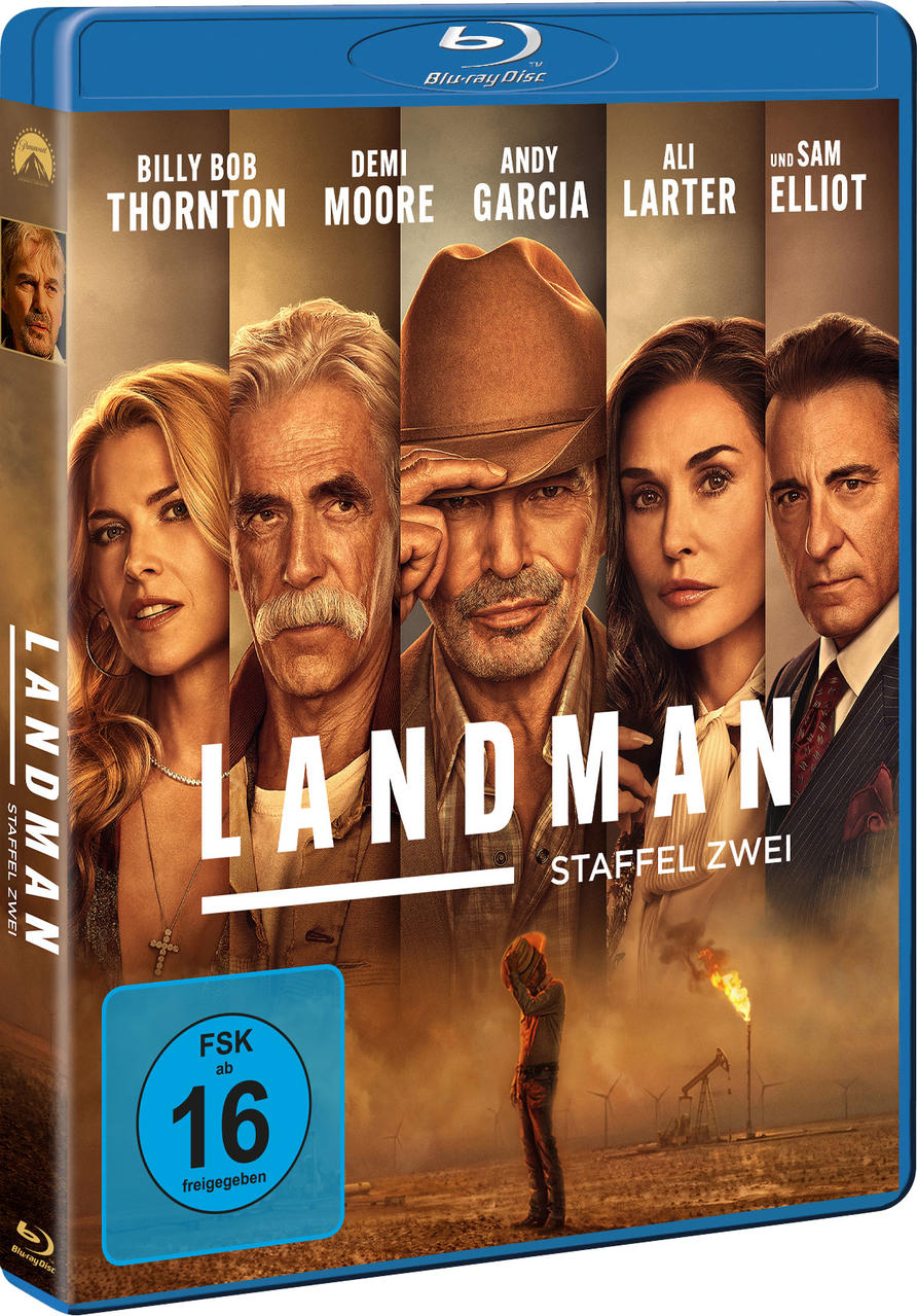 Blu-ray-Hülle von Landman Staffel Zwei mit fünf Hauptdarstellern und einer Wüstenlandschaft im Hintergrund.