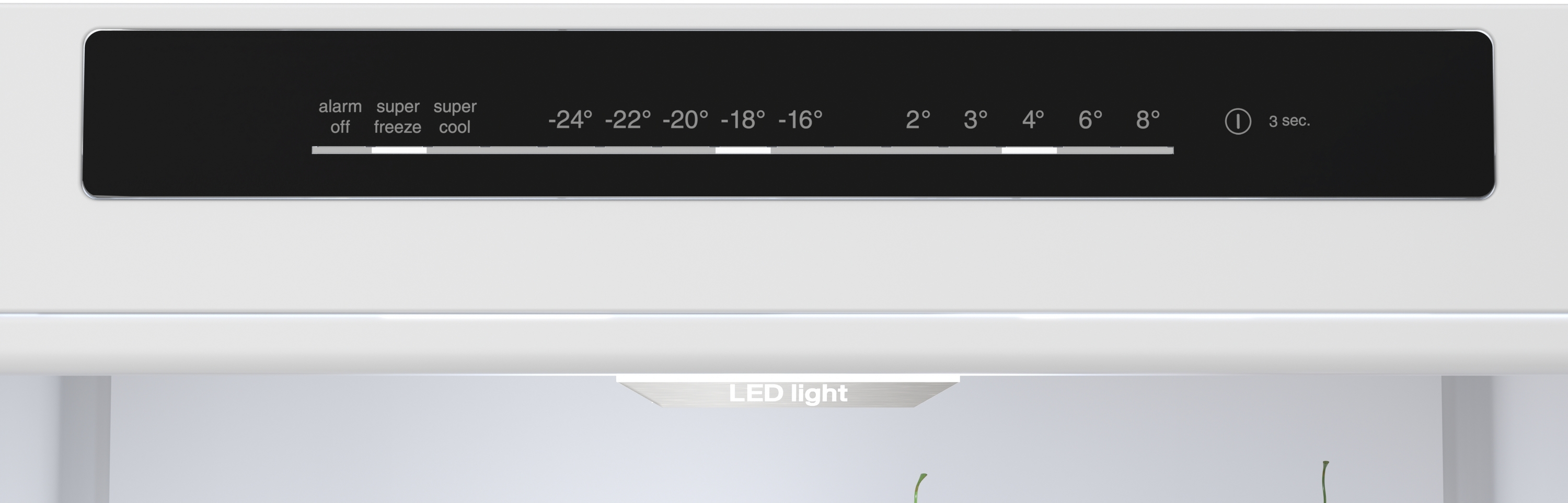 Egy hűtőszekrény fekete LED vezérlőpultja -24°C és 8°C közötti hőmérséklet-beállításokkal és beépített LED világítással.