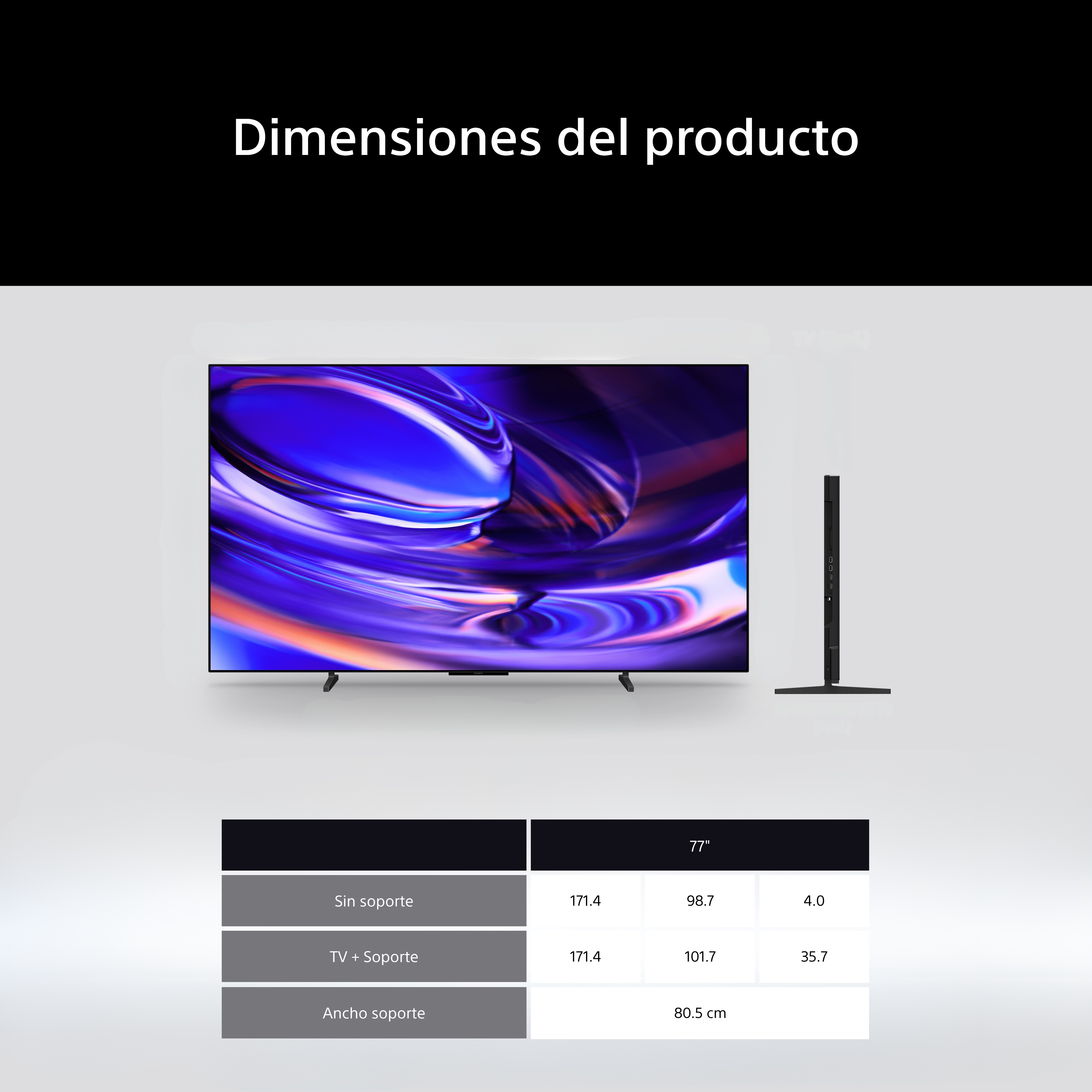 Dimensiones del producto: Sin soporte (171.4 x 98.7 x 4 cm), TV + Soporte (171.4 x 101.7 x 35.7 cm), Ancho soporte (80.5 cm).