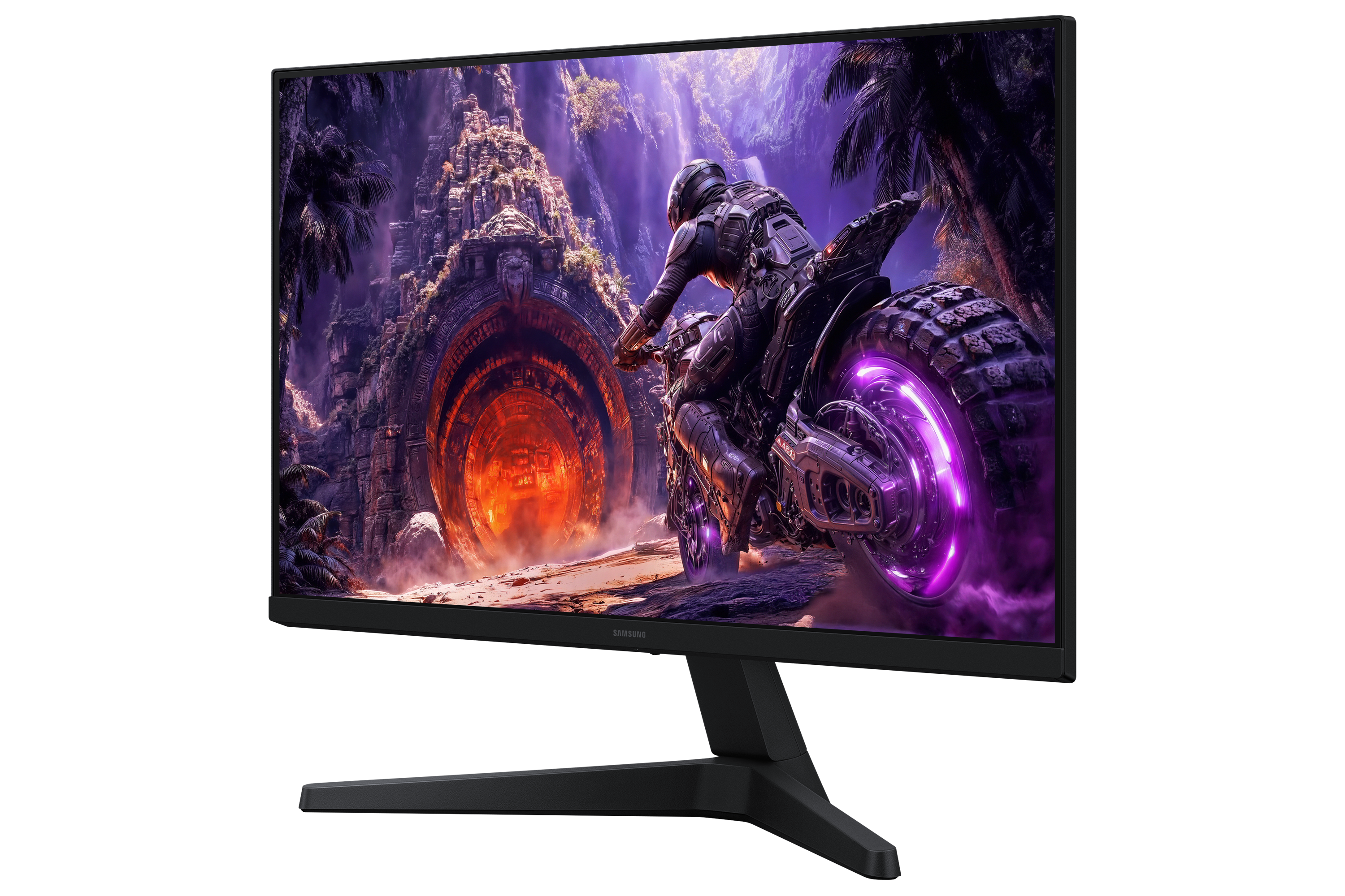 Czarny monitor Samsung wyświetla fantastyczną scenę z motocyklistą przed świecącym portalem.