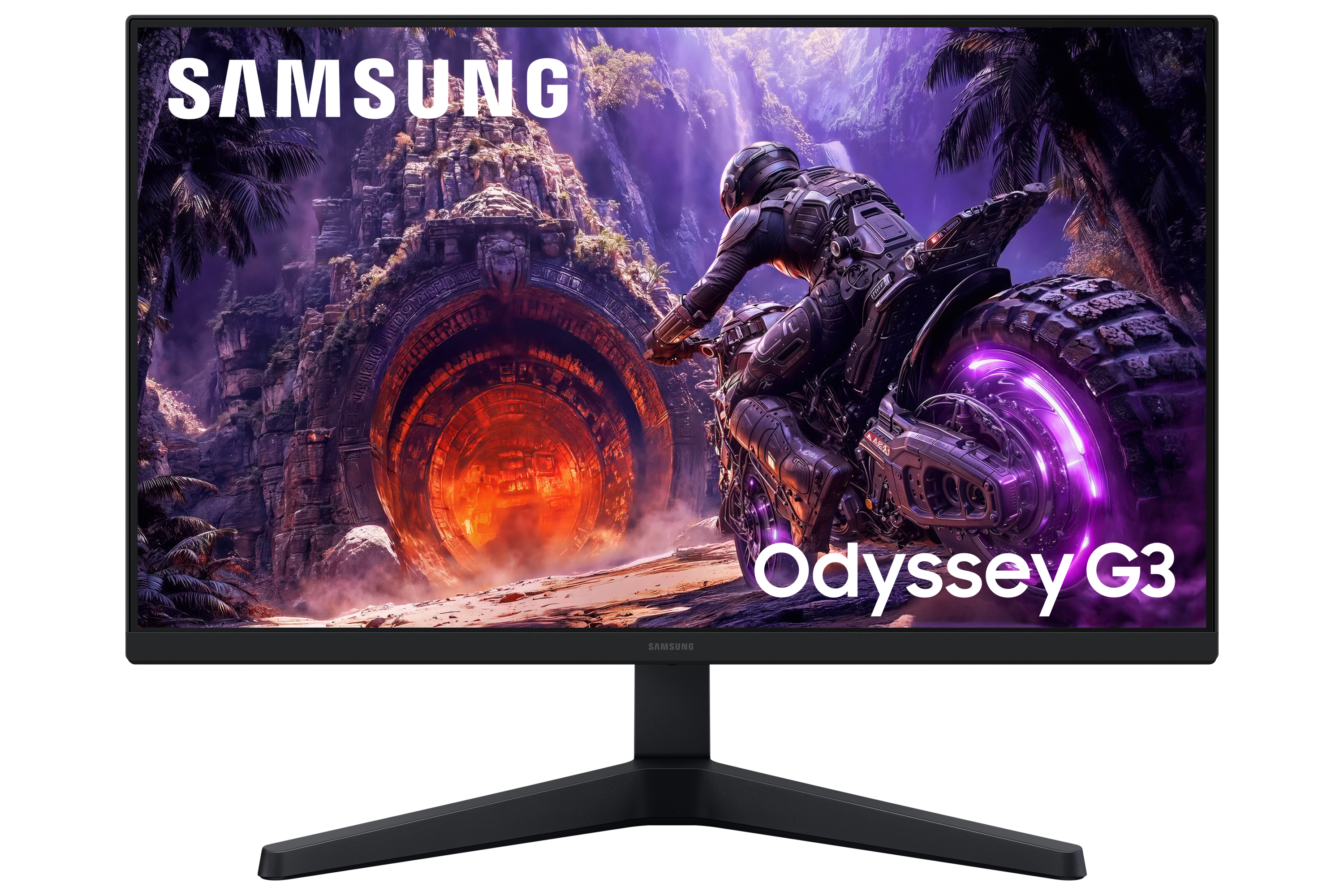 Monitor Samsung Odyssey G3 przedstawia futurystycznego motocyklistę w pobliżu świecącego wejścia do jaskini.