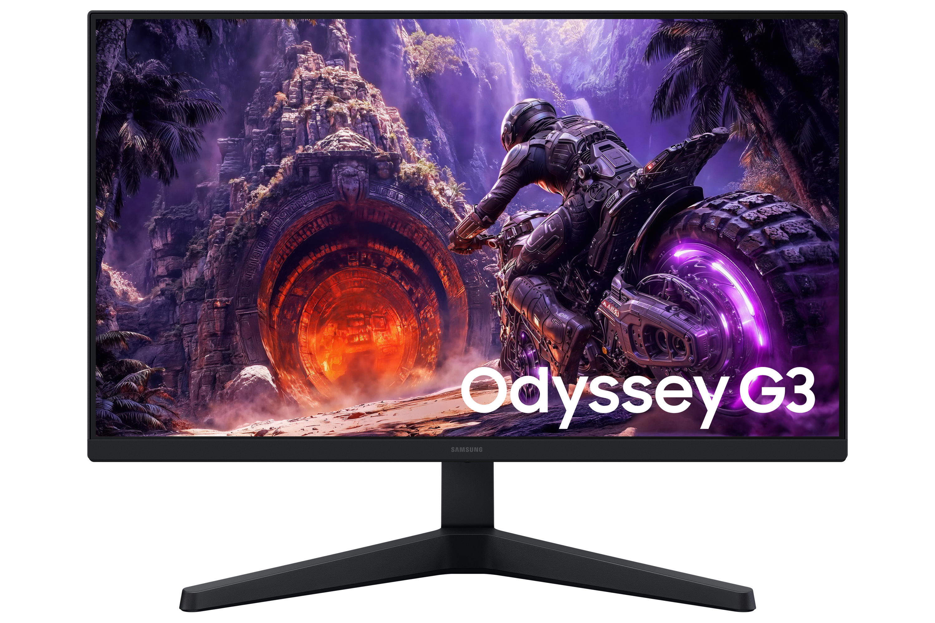 Monitor Samsung Odyssey G3 przedstawia futurystycznego motocyklistę przed świecącym portalem w dżungli.