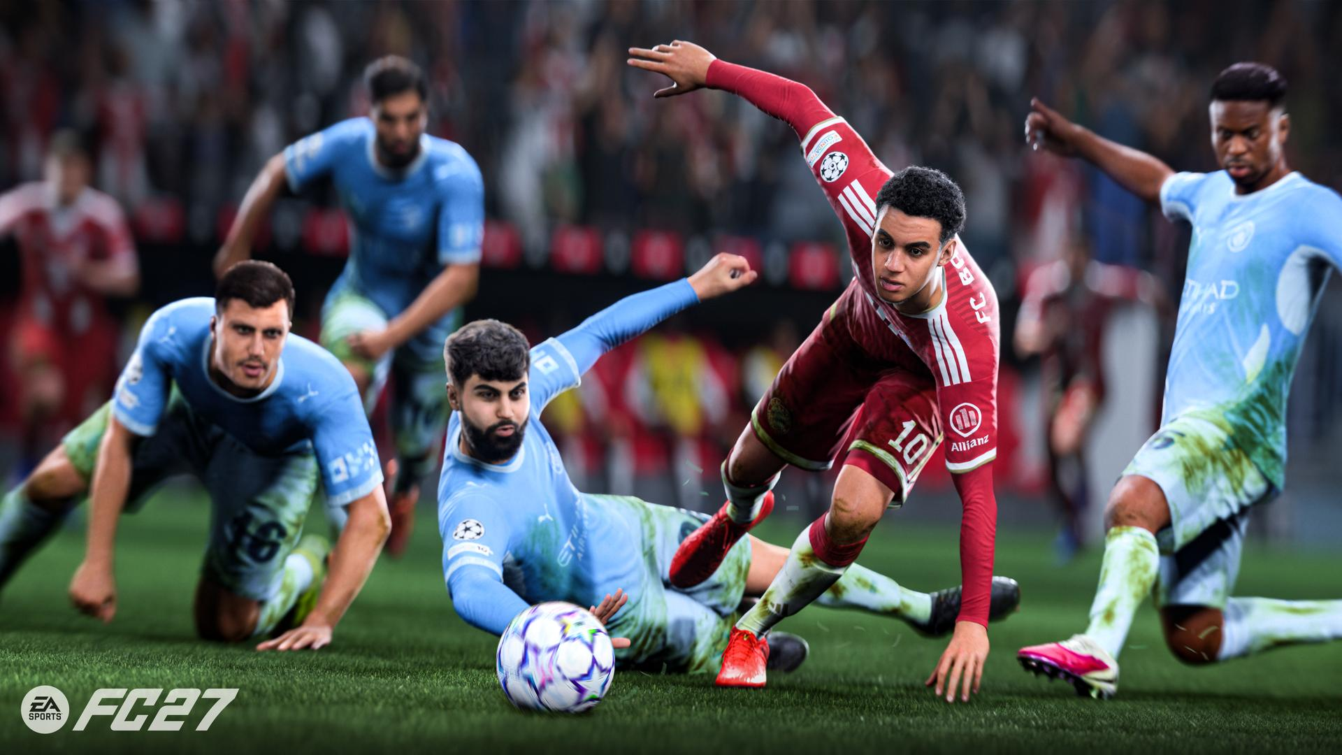 Intensive Fußballszene mit Spielern in roten und hellblauen Trikots auf dem Rasen.