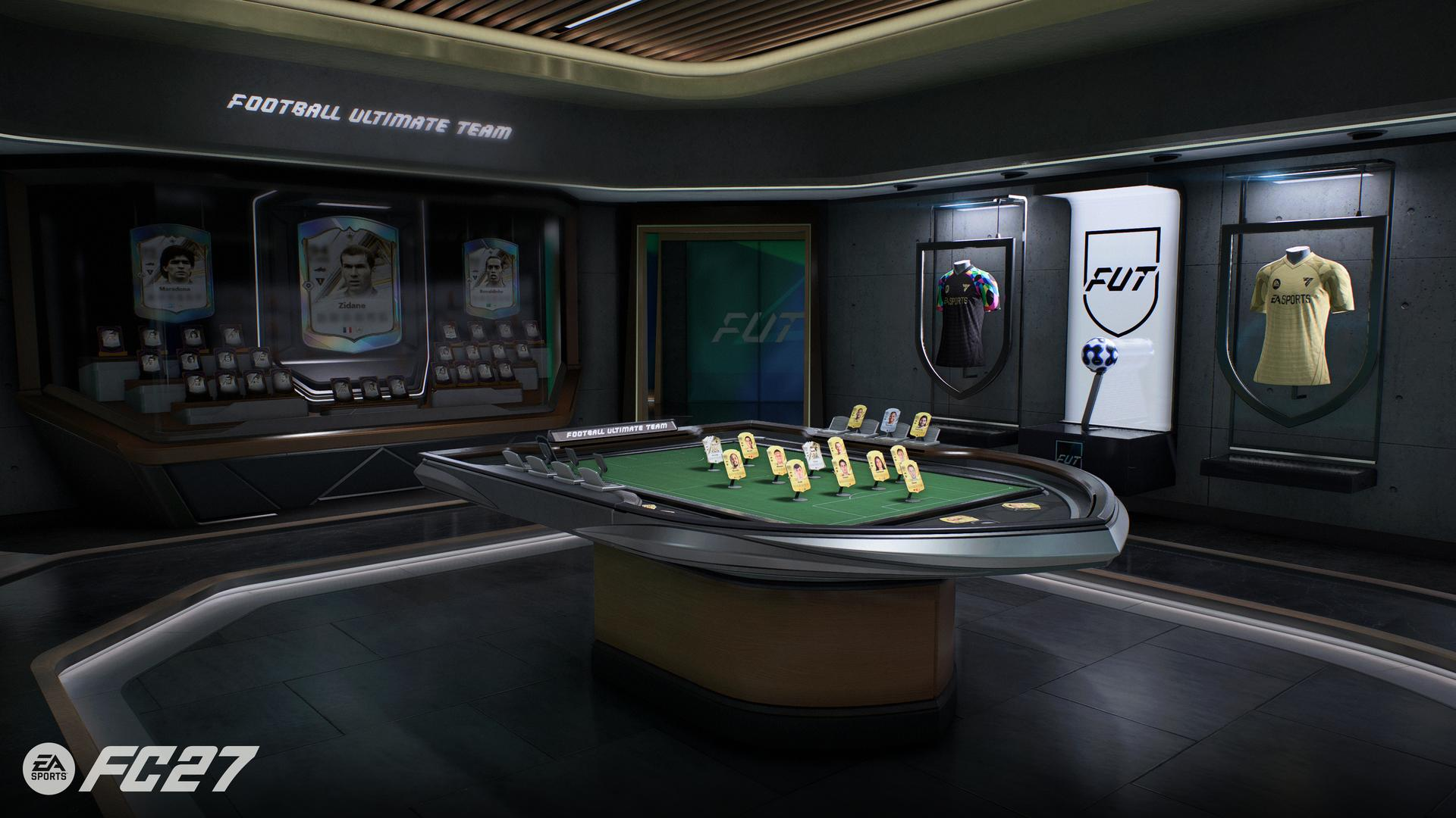 Moderne FC27 Ultimate Team Lounge mit FUT-Tisch, Spielerkarten und Trikots in Vitrinen.