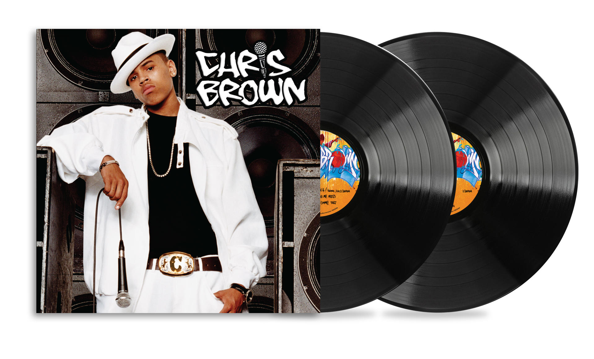 Chris Brown Albumcover mit zwei schwarzen Vinyl-Schallplatten daneben.