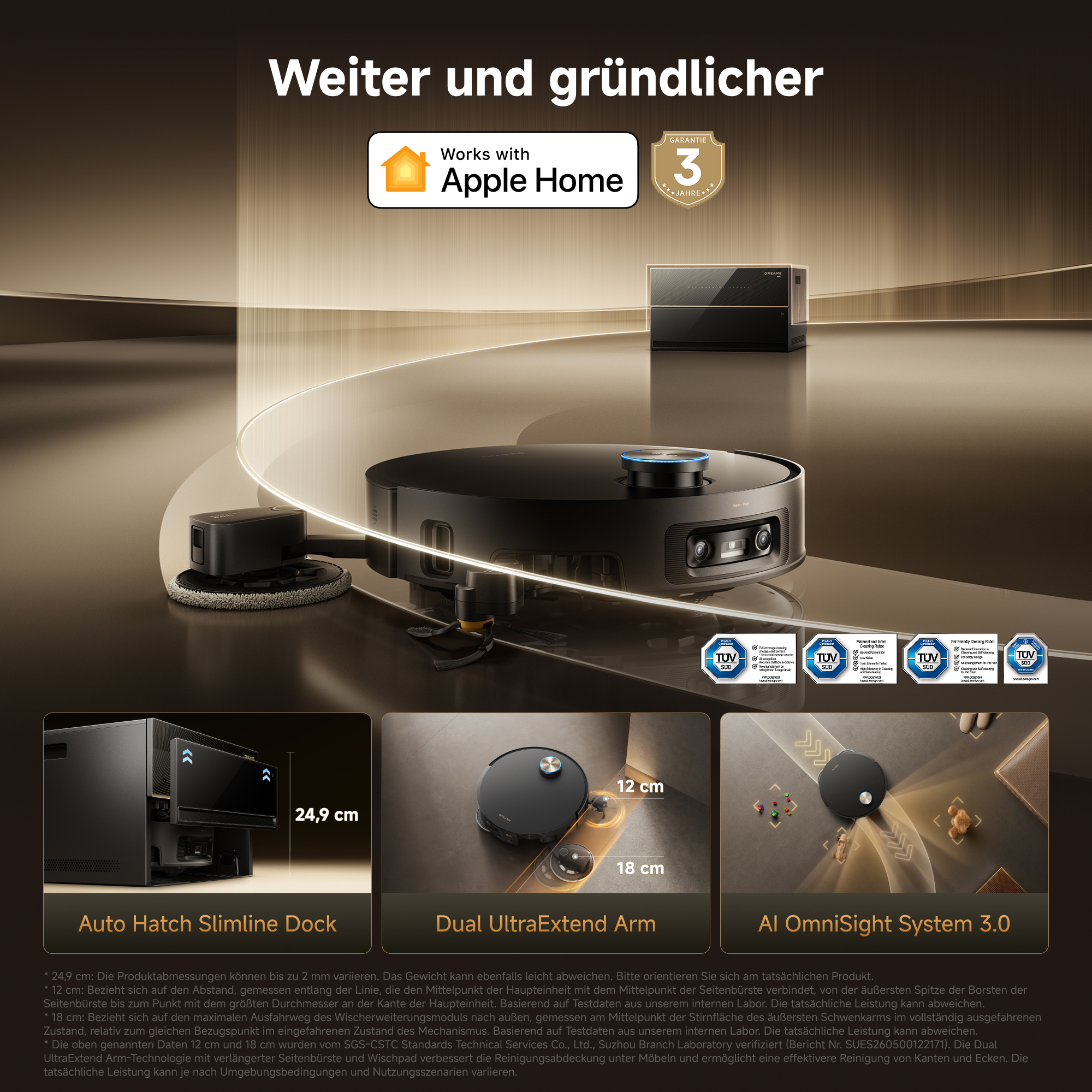 Roboterstaubsauger mit Station, Apple Home-Logo und drei Funktionsboxen unten.