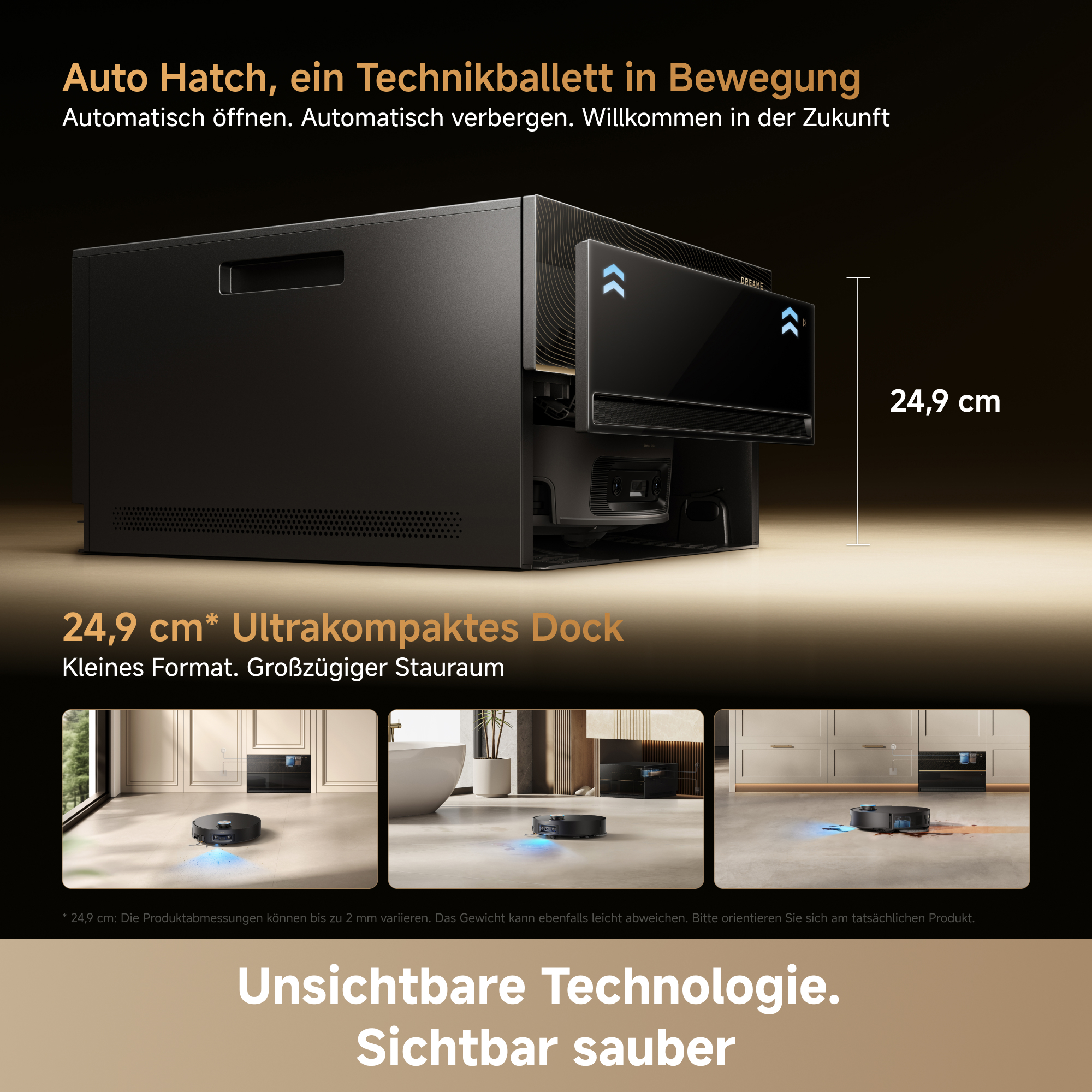 Eine schwarze 24,9 cm kompakte Roboterstaubsauger-Station mit geöffneter Klappe und drei Szenen.