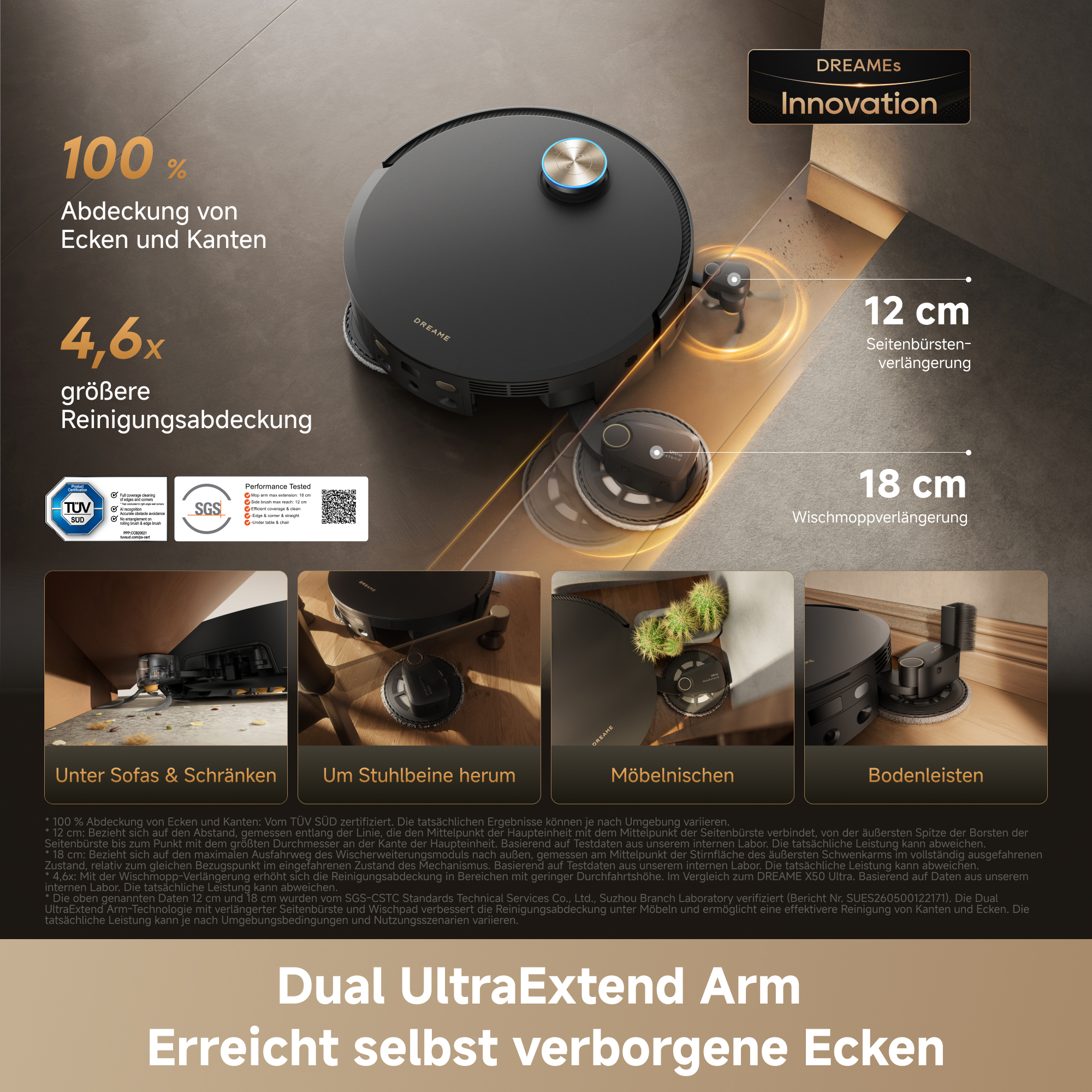 Roboterstaubsauger mit ausfahrbarem Arm reinigt Ecken, unter Möbeln und an Fußleisten.