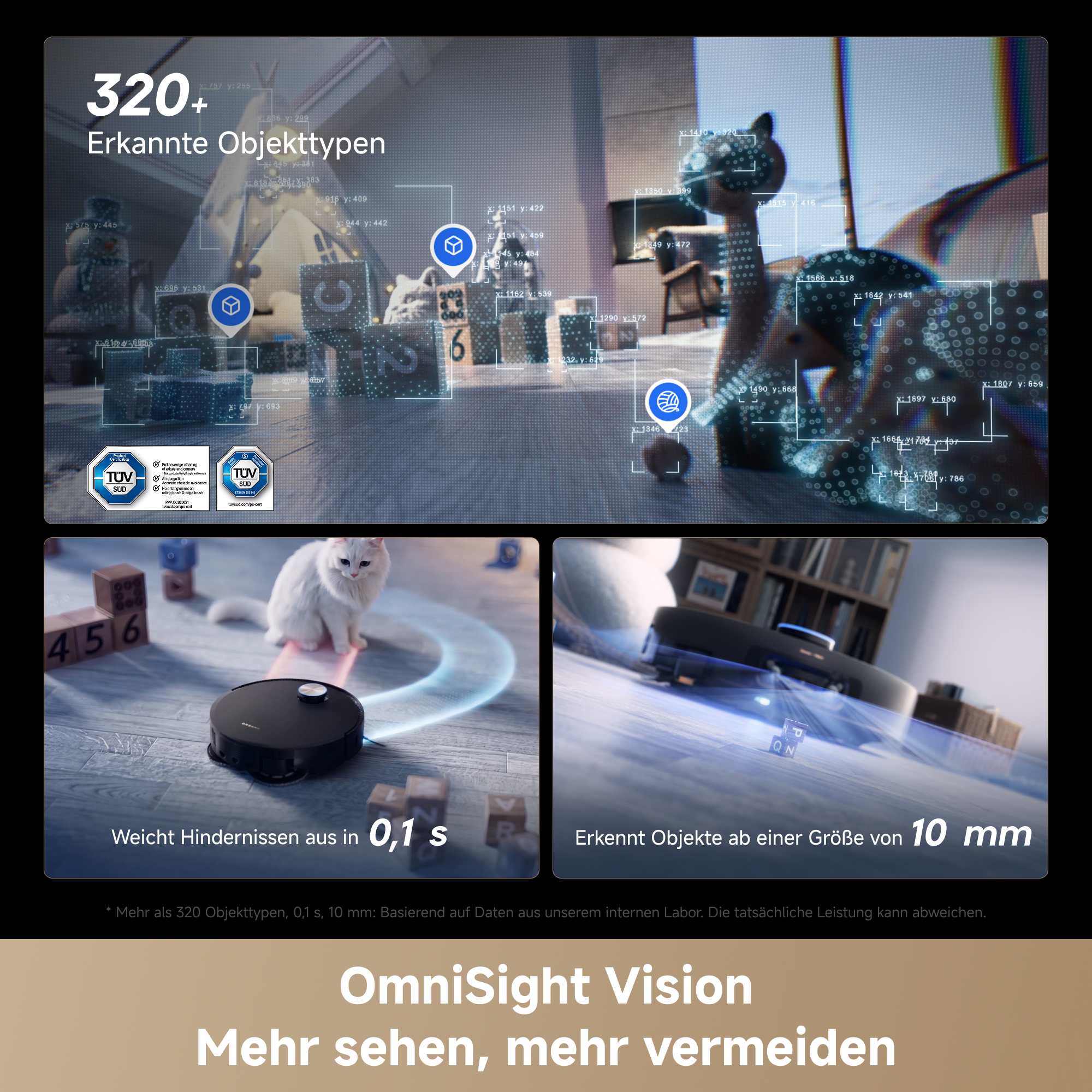 Technische Darstellung von Objekterkennung mit KI, Sensoren und Zertifizierungen.