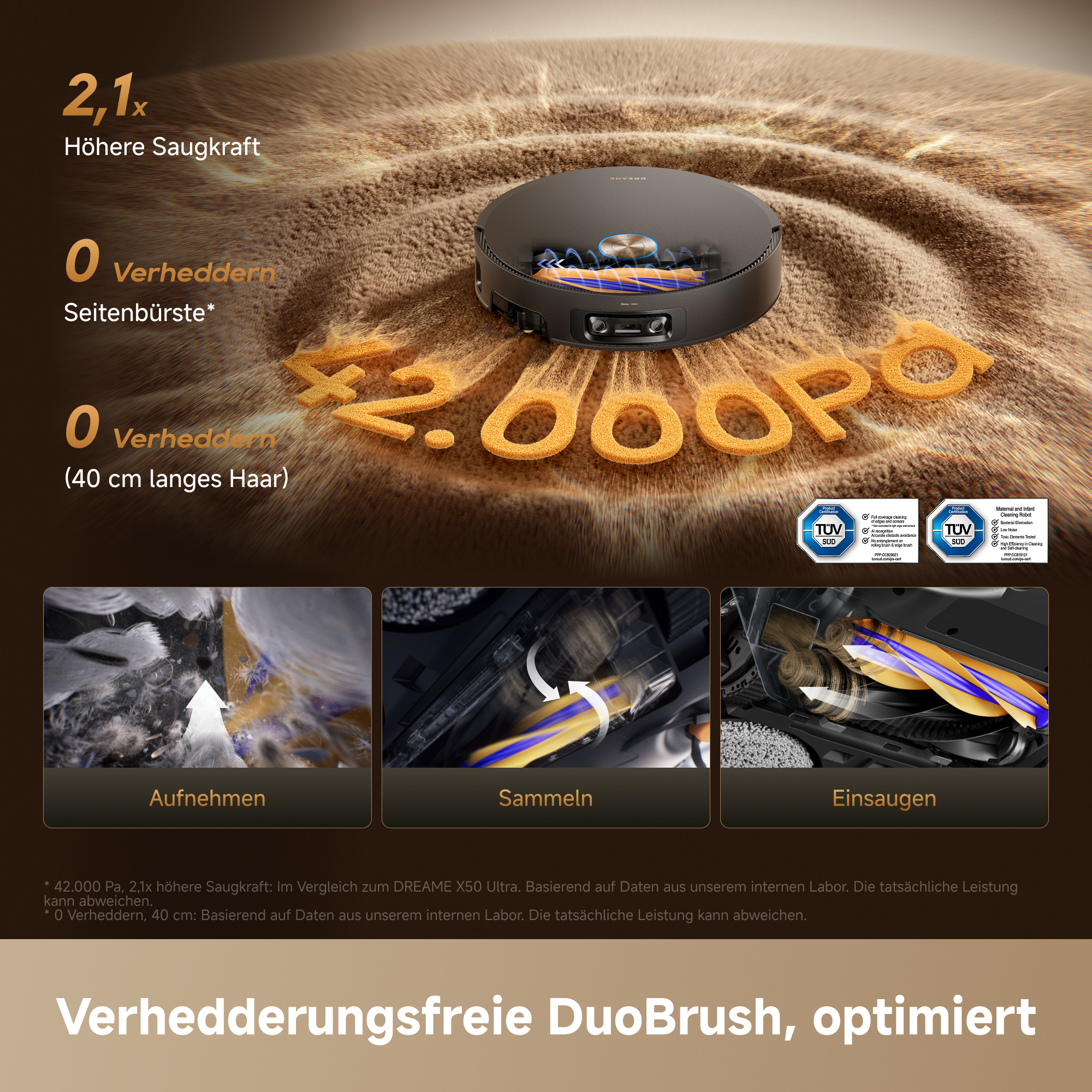 Werbegrafik eines schwarzen Saugroboters auf Sand mit Text und drei Detailbildern zur Reinigung.