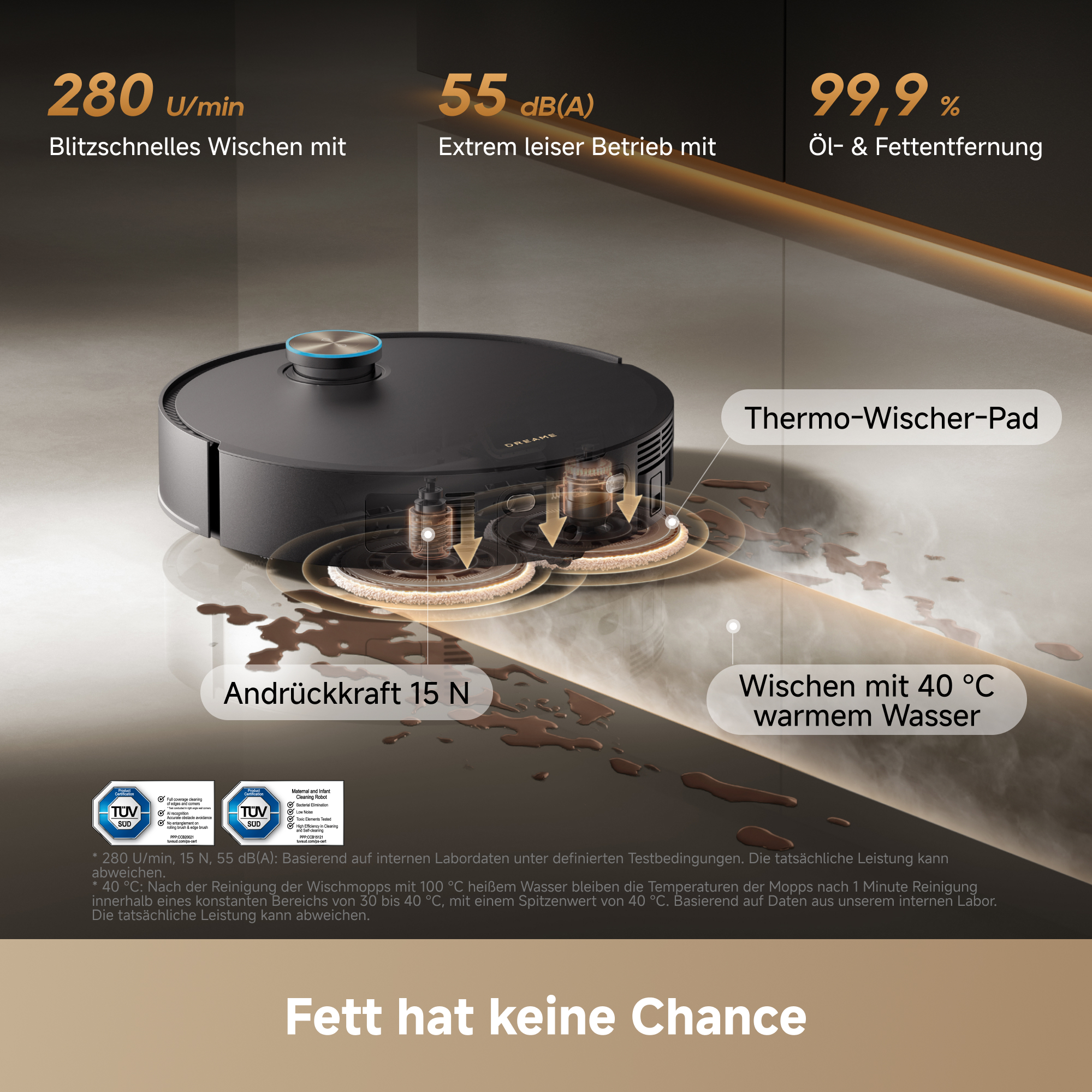Ein schwarzer Saugroboter mit zwei Wischmopps wischt einen schmutzigen Boden, mit Funktionsbeschriftungen.