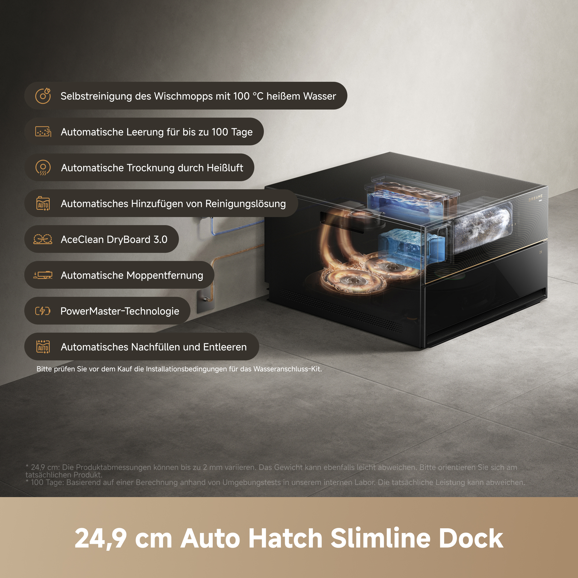Schwarze Slimline Dockstation mit Funktionsübersicht und Infotext auf Fliesenboden.