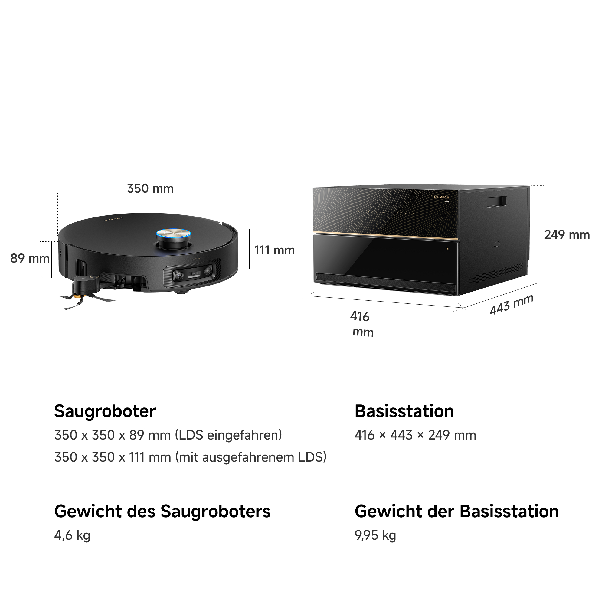 Diagramm zeigt Abmessungen und Gewicht eines schwarzen Saugroboters und seiner Basisstation.