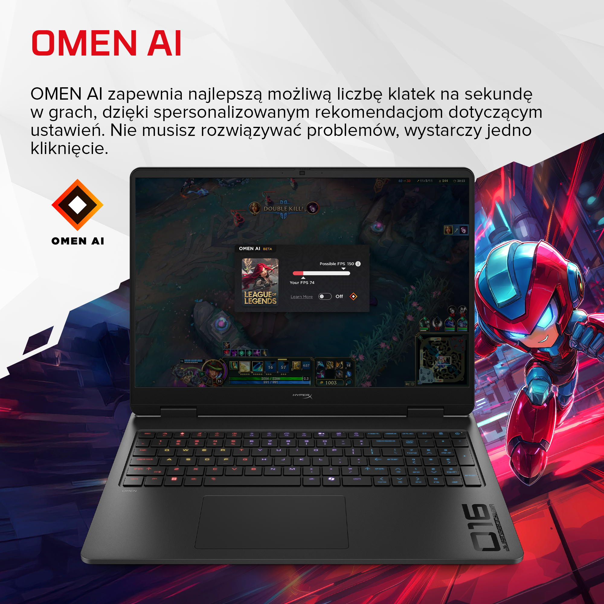 Laptop Omen wyświetlający grę strategiczną z ustawieniami optymalizacji Omen AI.