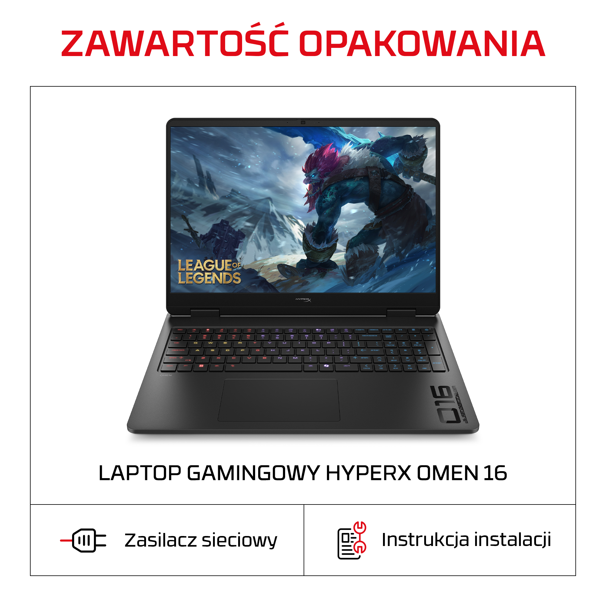Laptop gamingowy HP Omen 16 z grą League of legends na ekranie, zasilaczem i instrukcją.