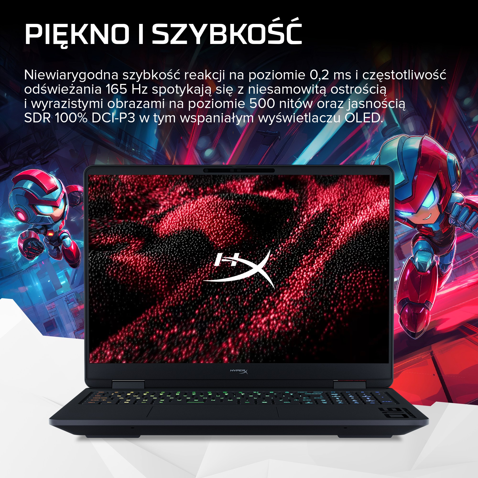 Laptop do gier z czerwonym ekranem OLED i logo HyperX, otoczony postaciami robotów i polskim tekstem.