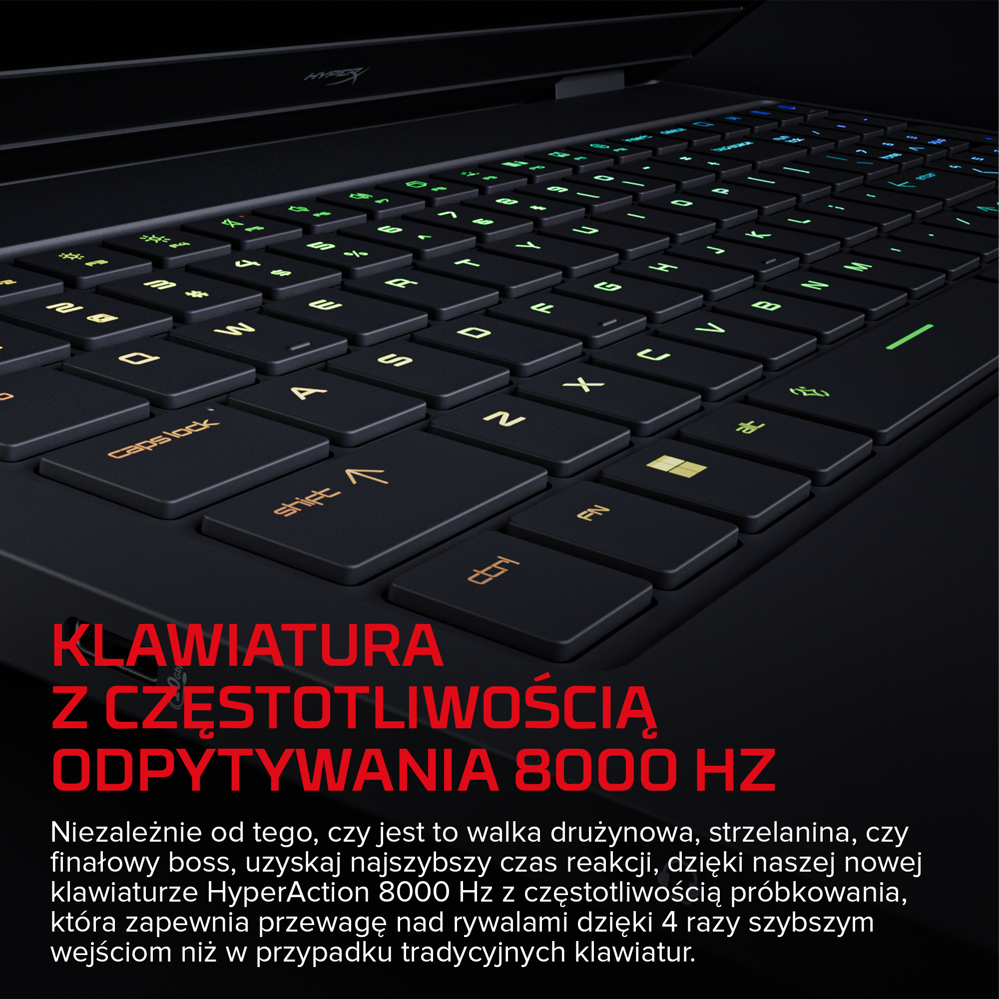 Czarna klawiatura laptopa z kolorowym podświetleniem i polskim tekstem.