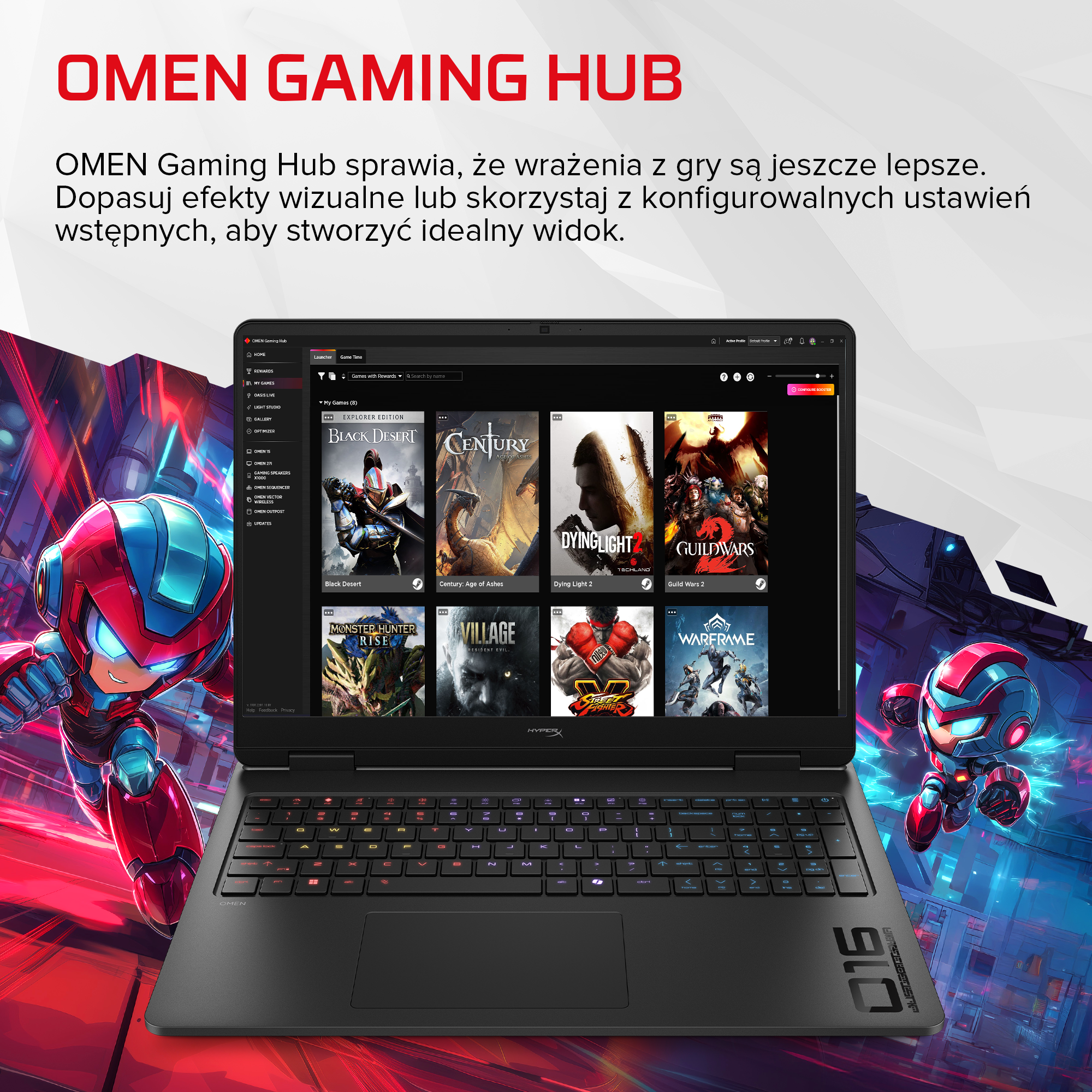 Laptop HP Omen wyświetla Omen Gaming Hub z biblioteką gier, otoczony grafiką.