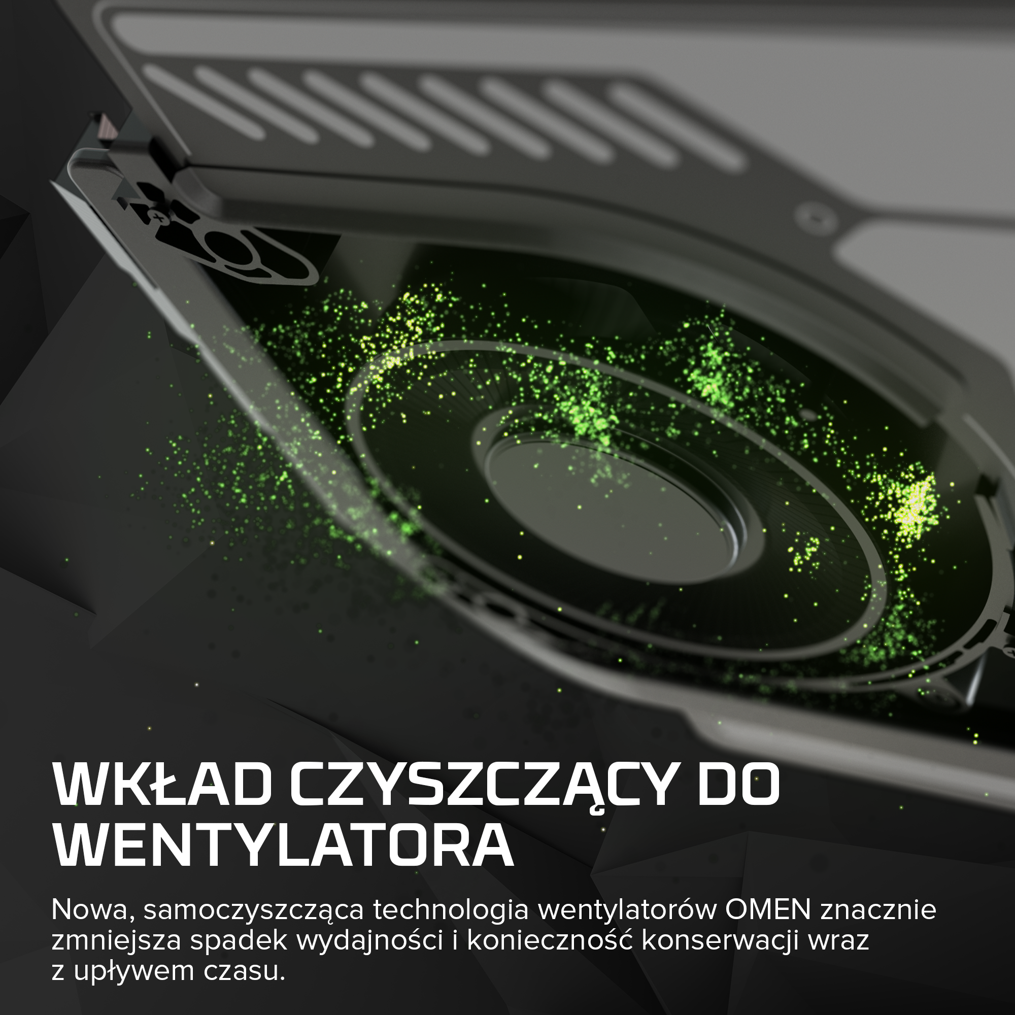 Zamknięty laptop OMEN z zielonym efektem świetlnym na wentylatorze i polskim tekstem.