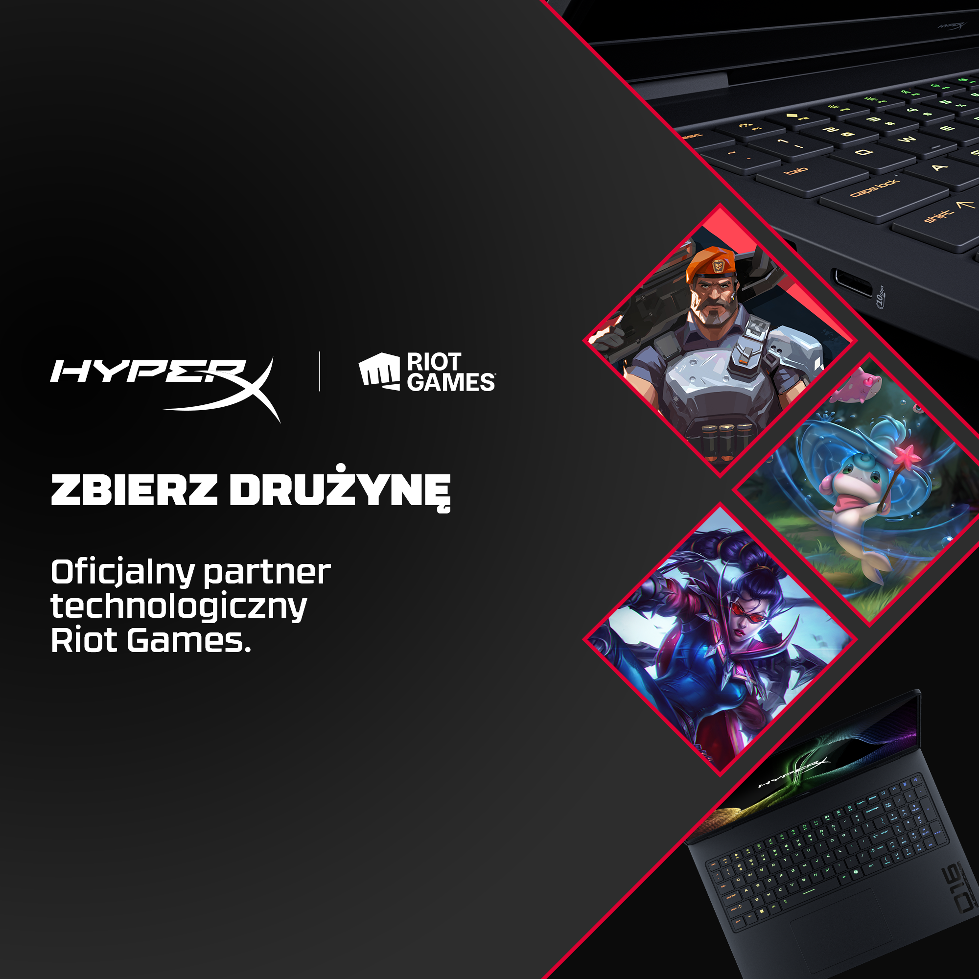 Reklama HyperX z logo Riot Games, laptopem i grafiką postaci.