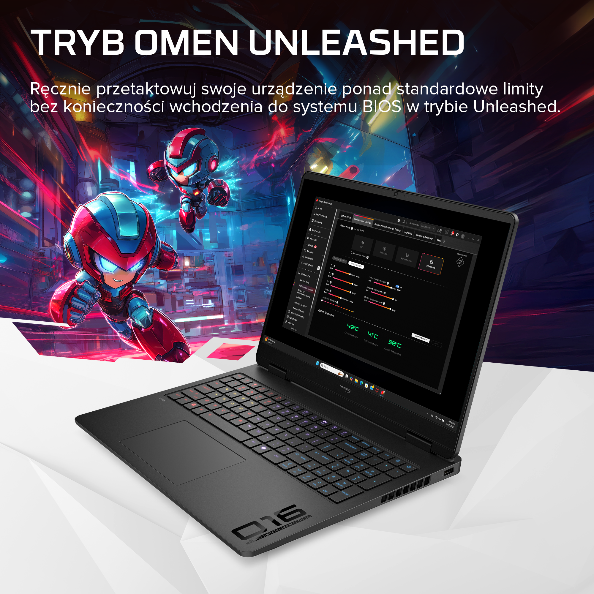Czarny laptop Omen na białej powierzchni z tłem gry i postaciami robotów.