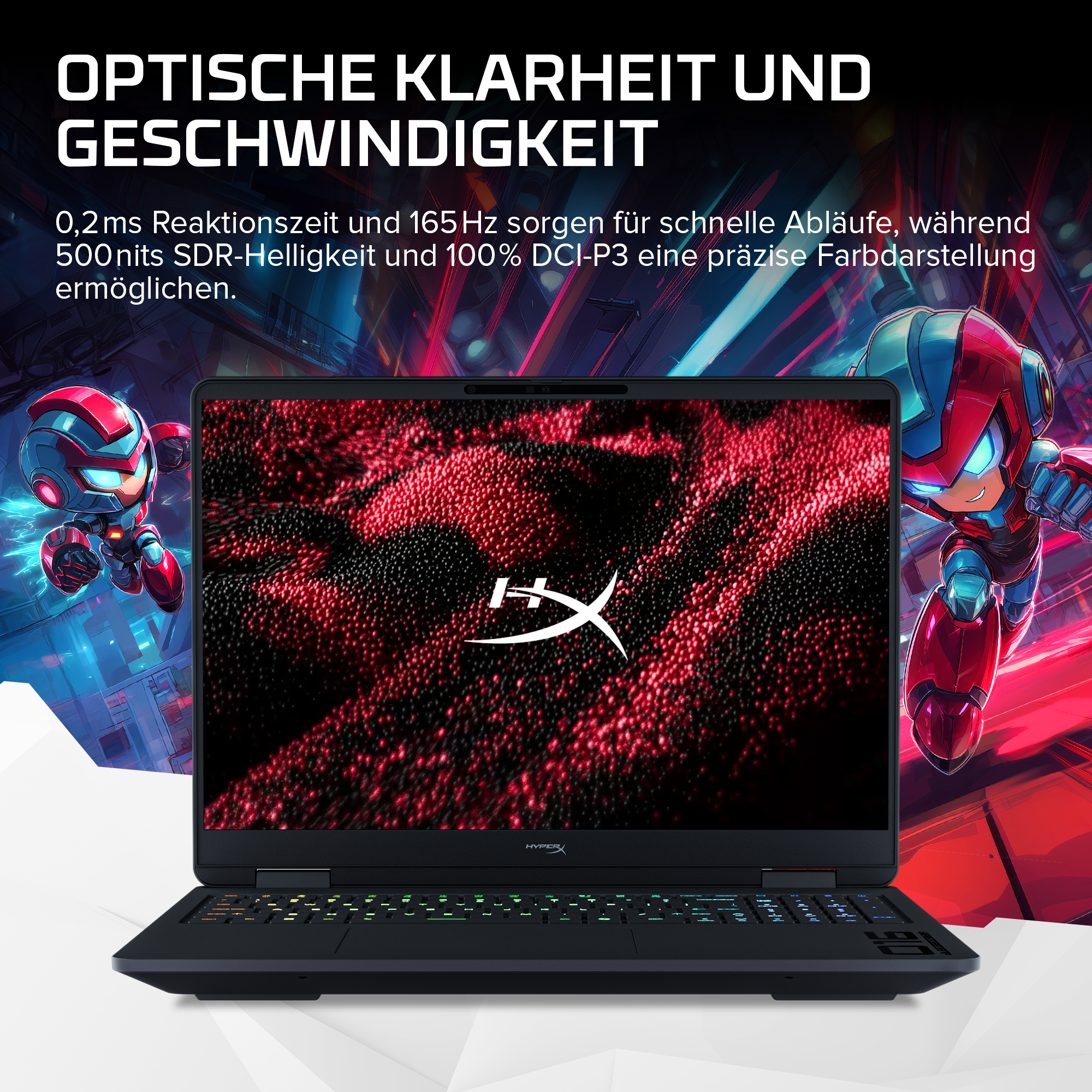 Ein schwarzer Gaming-Laptop vor einem bunten Hintergrund mit Anime-Charakteren.