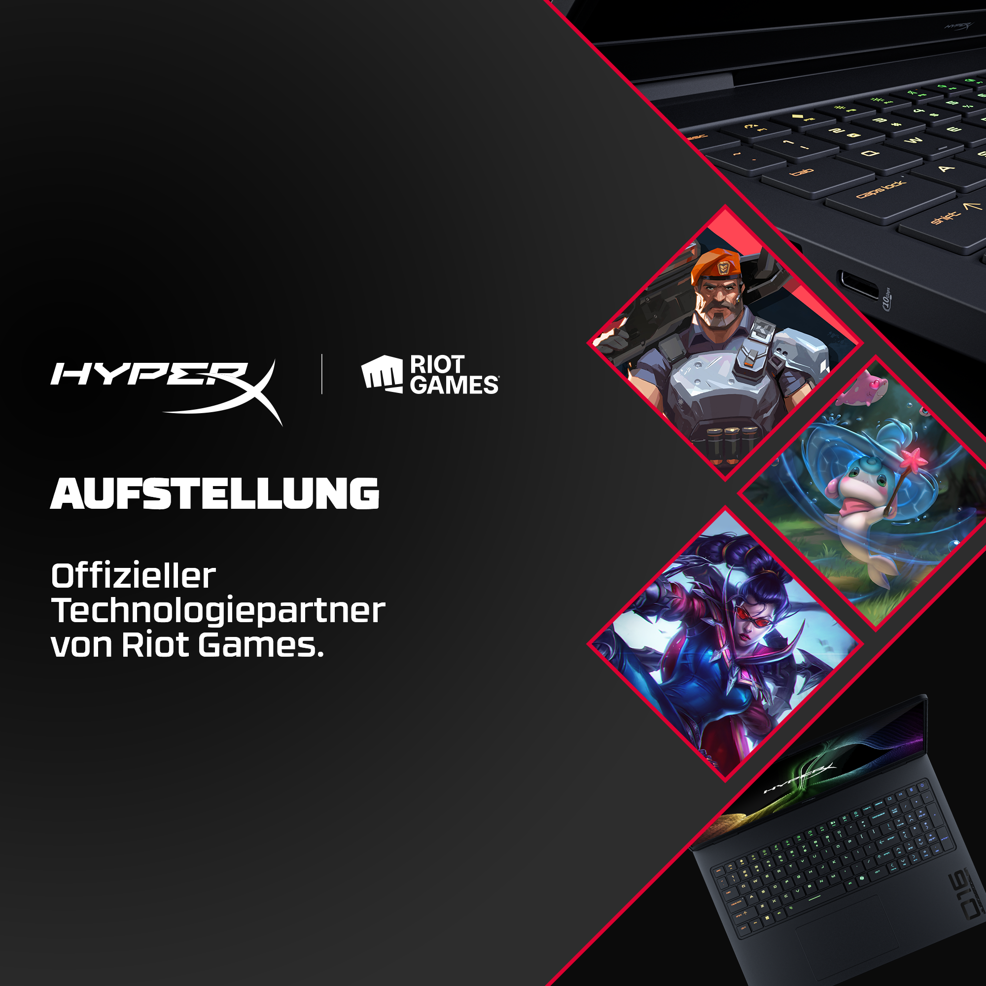 HyperX und Riot Games Partnerschafts-Anzeige mit Gaming-Laptop und Charaktergrafik.