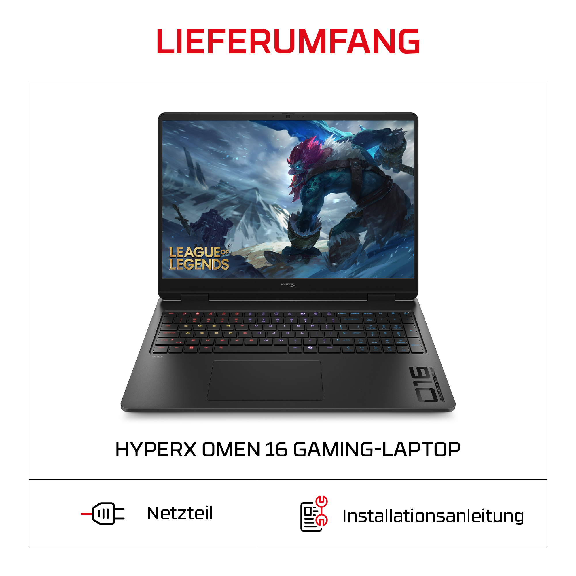 HyperX Omen 16 Gaming-Laptop mit League of Legends Hintergrund, Netzteil und Installationsanleitung.