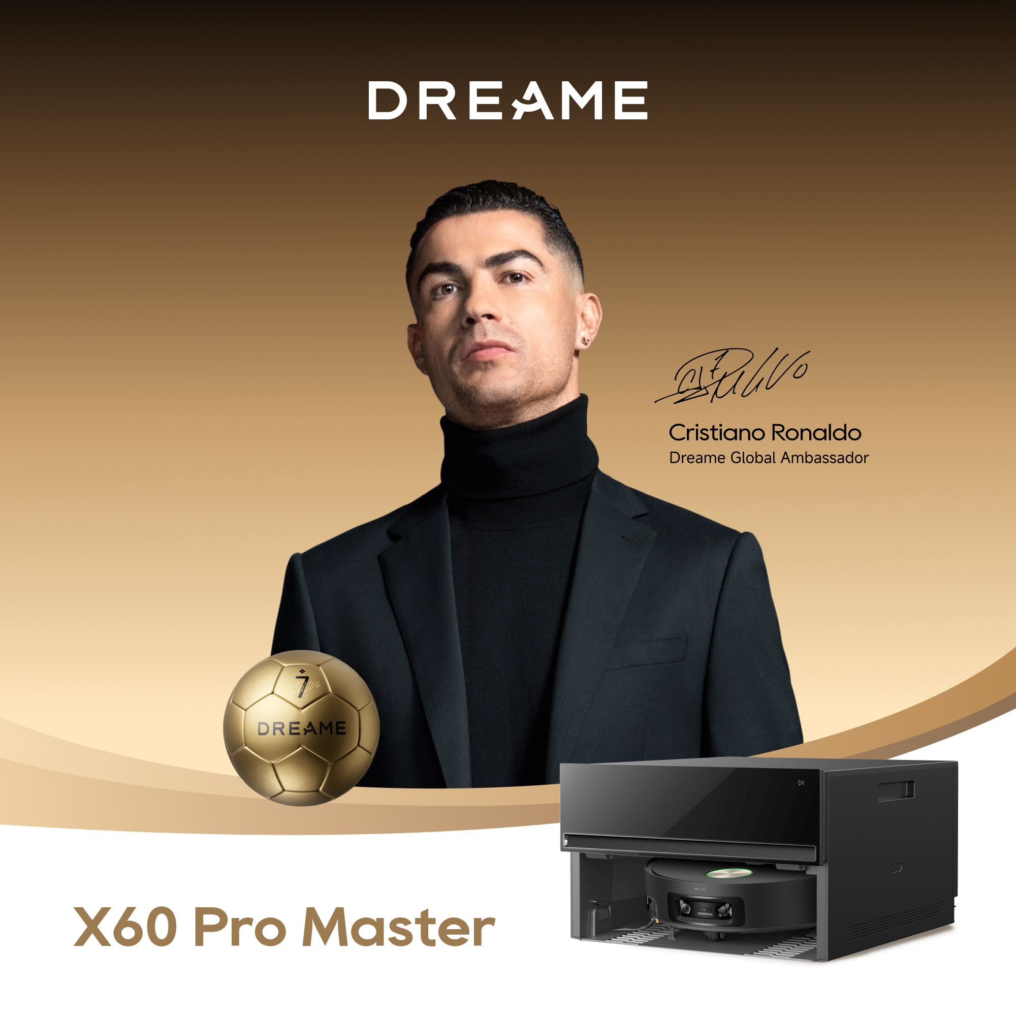 Cristiano Ronaldo wirbt für den Dreame X60 Pro Master mit einem goldenen Fußball und Staubsaugerroboter.