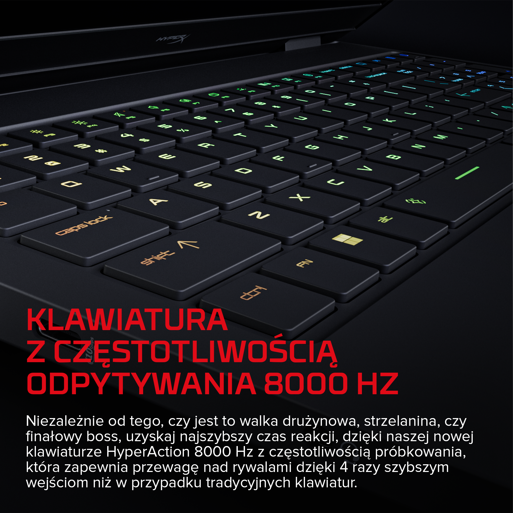 Zbliżenie ciemnej klawiatury laptopa z podświetlanymi klawiszami i polskim tekstem na dole.