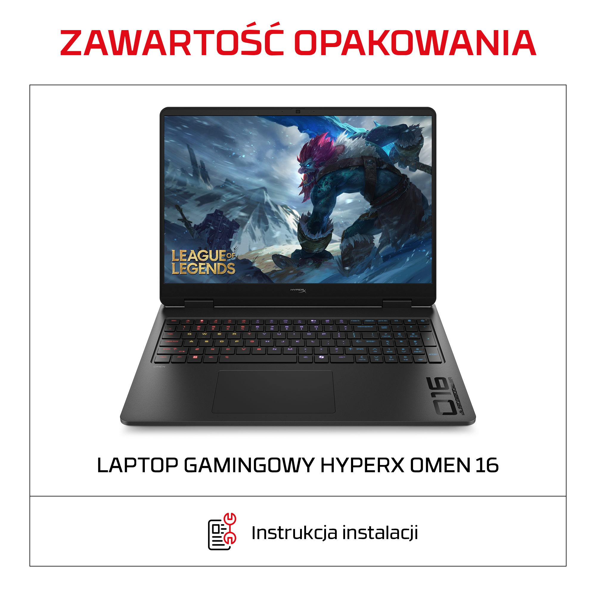Czarny laptop gamingowy HyperX Omen 16 z grą League of Legends na ekranie i instrukcją instalacji na dole.