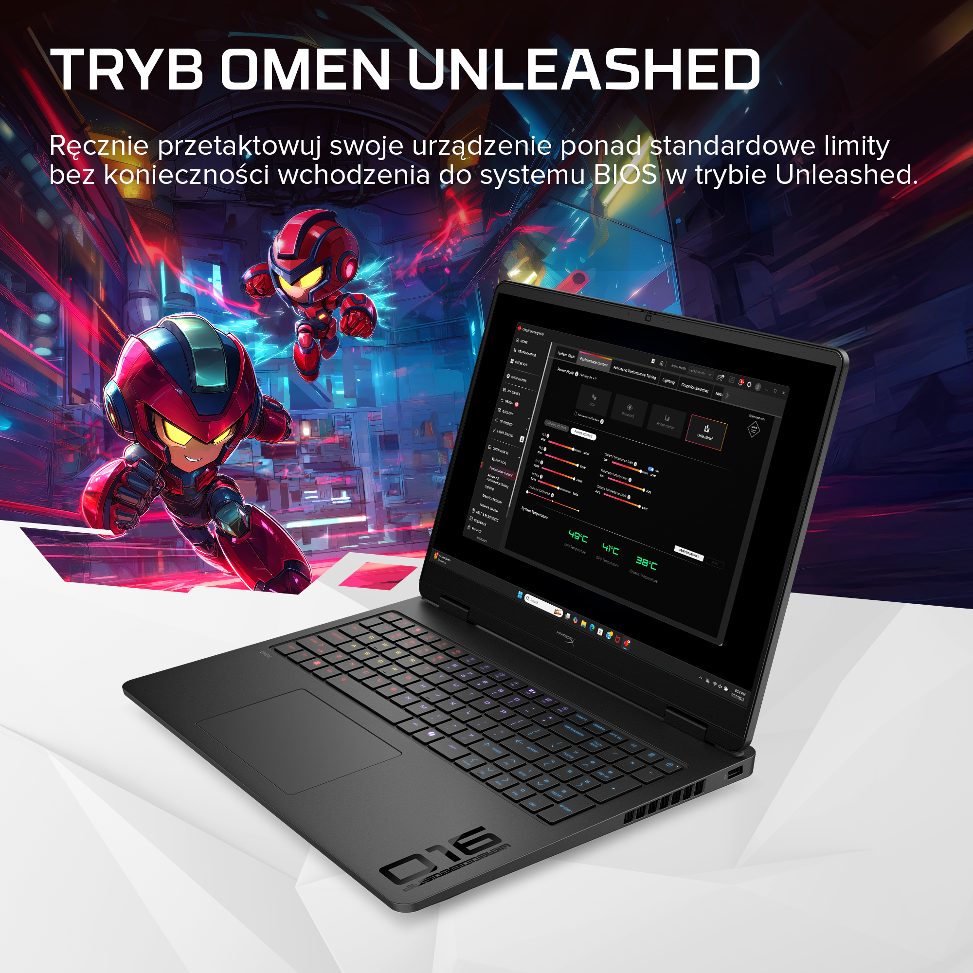 Czarny laptop wyświetla oprogramowanie do gier na tle żywej sceny cyberpunkowej z postaciami.