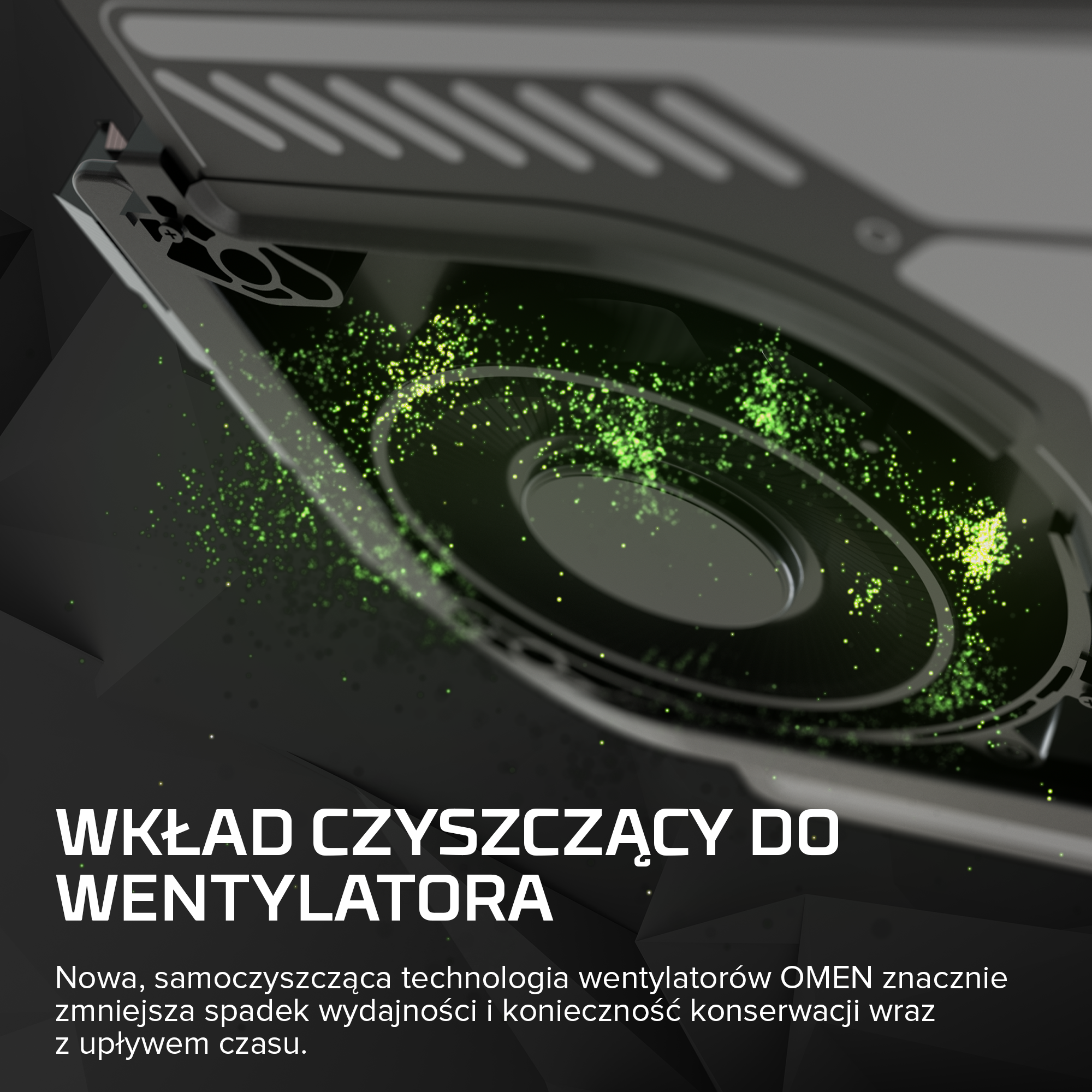 Zblizenie wentylatora laptopa z zielonymi czasteczkami kurzu i polskim tekstem.