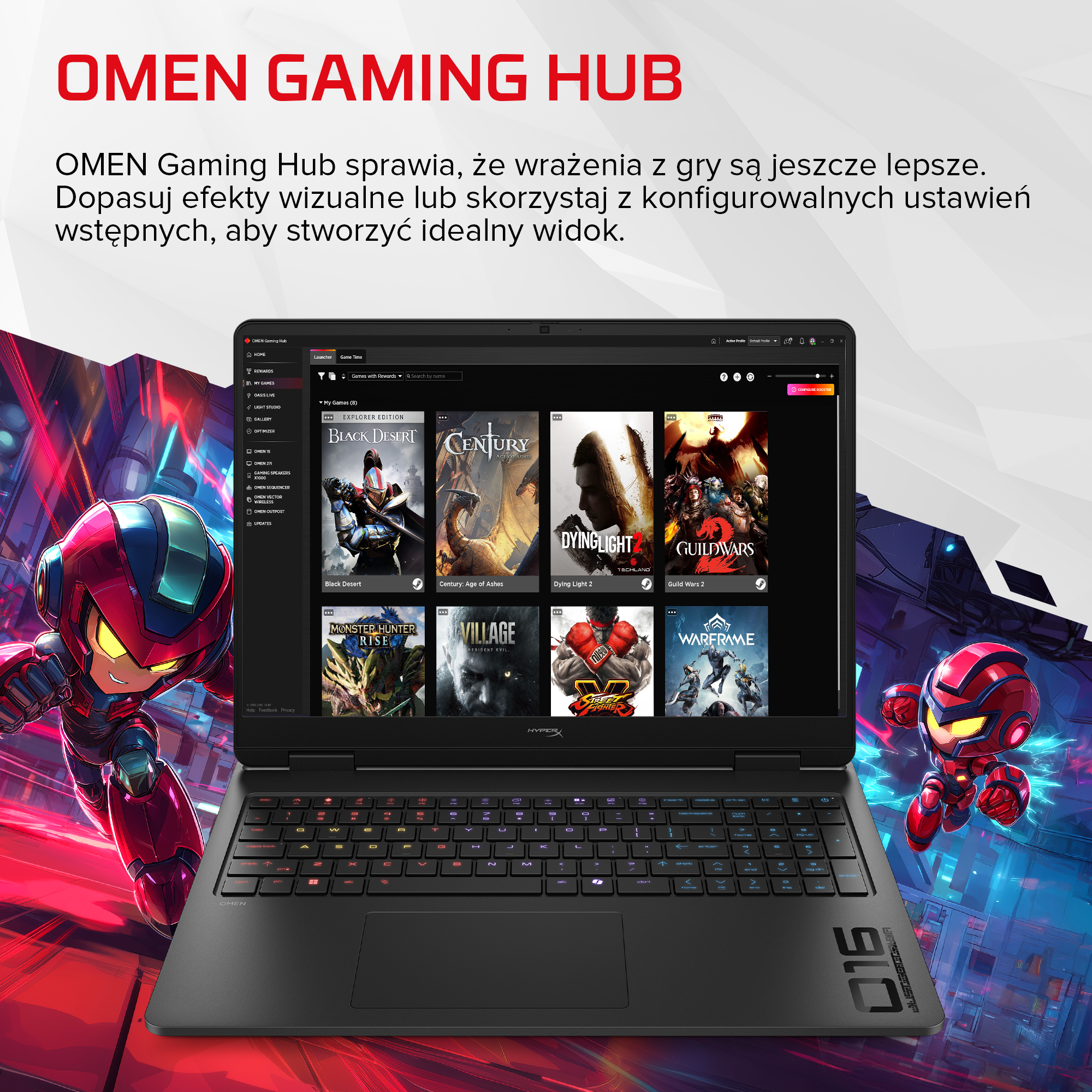 Laptop HP Omen z interfejsem hubu gier, otoczony czerwonymi robotami na białym tle.