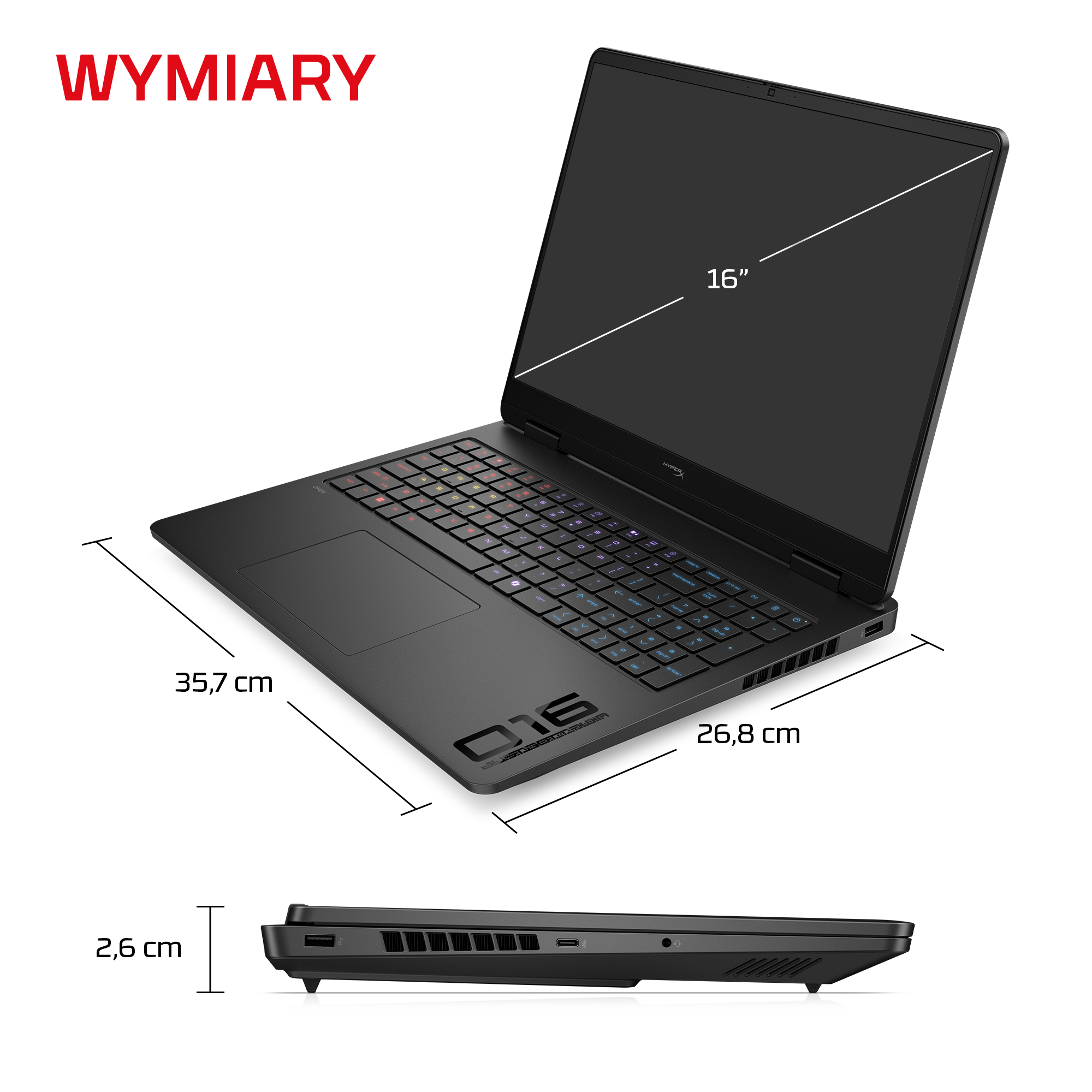 Czarny laptop z wymiarami wskazującymi szerokość, głębokość, wysokość oraz 16-calowym ekranem.