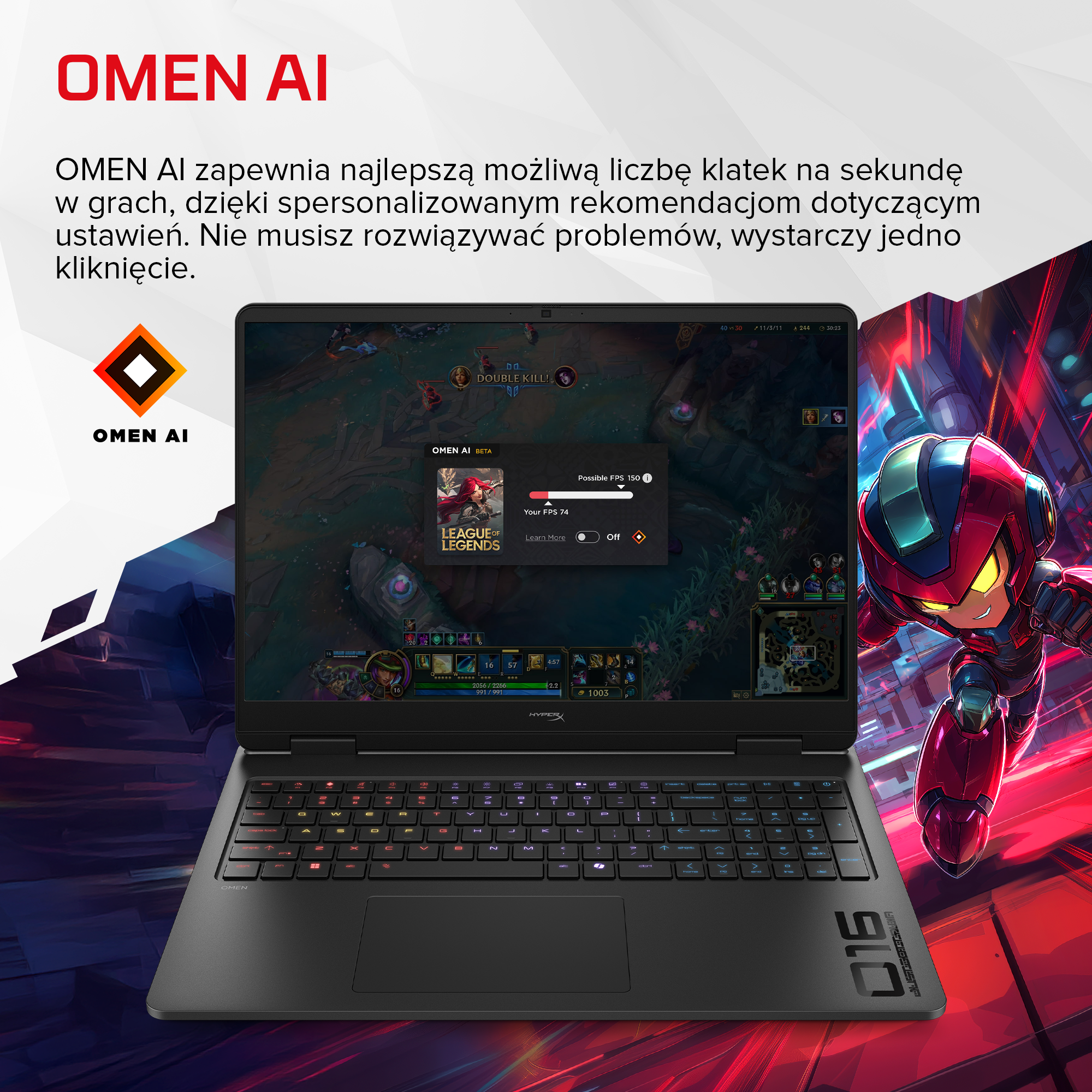 Laptop Omen wyświetla League of Legends i reklamuje Omen AI do optymalizacji FPS.