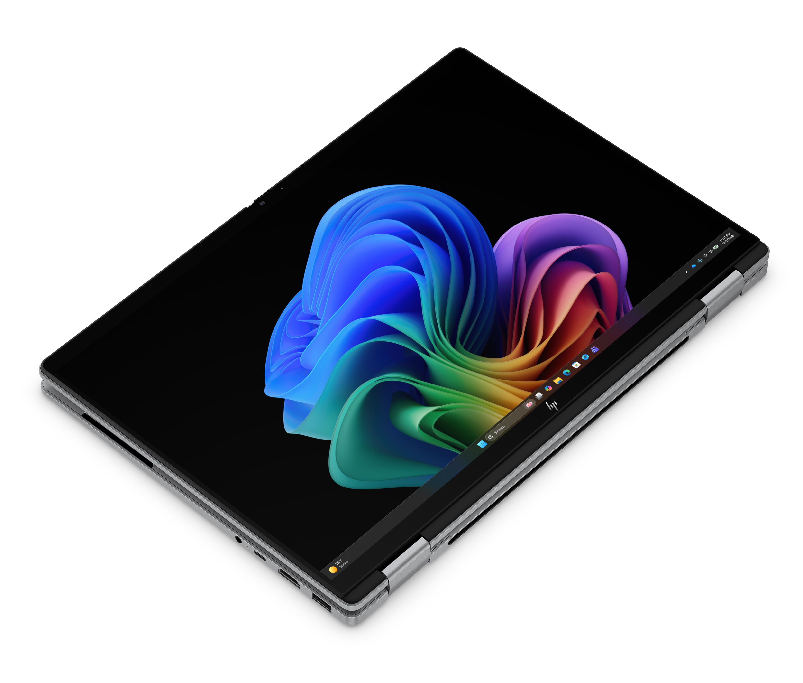 Ein Laptop mit einem farbenfrohen, abstrakten blauen und violetten Hintergrundbild auf einem schwarzen Hintergrund.