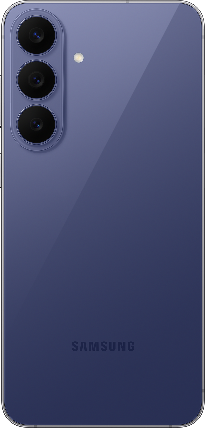 Il retro di uno smartphone Samsung viola con tre fotocamere verticali e un flash in alto a sinistra.