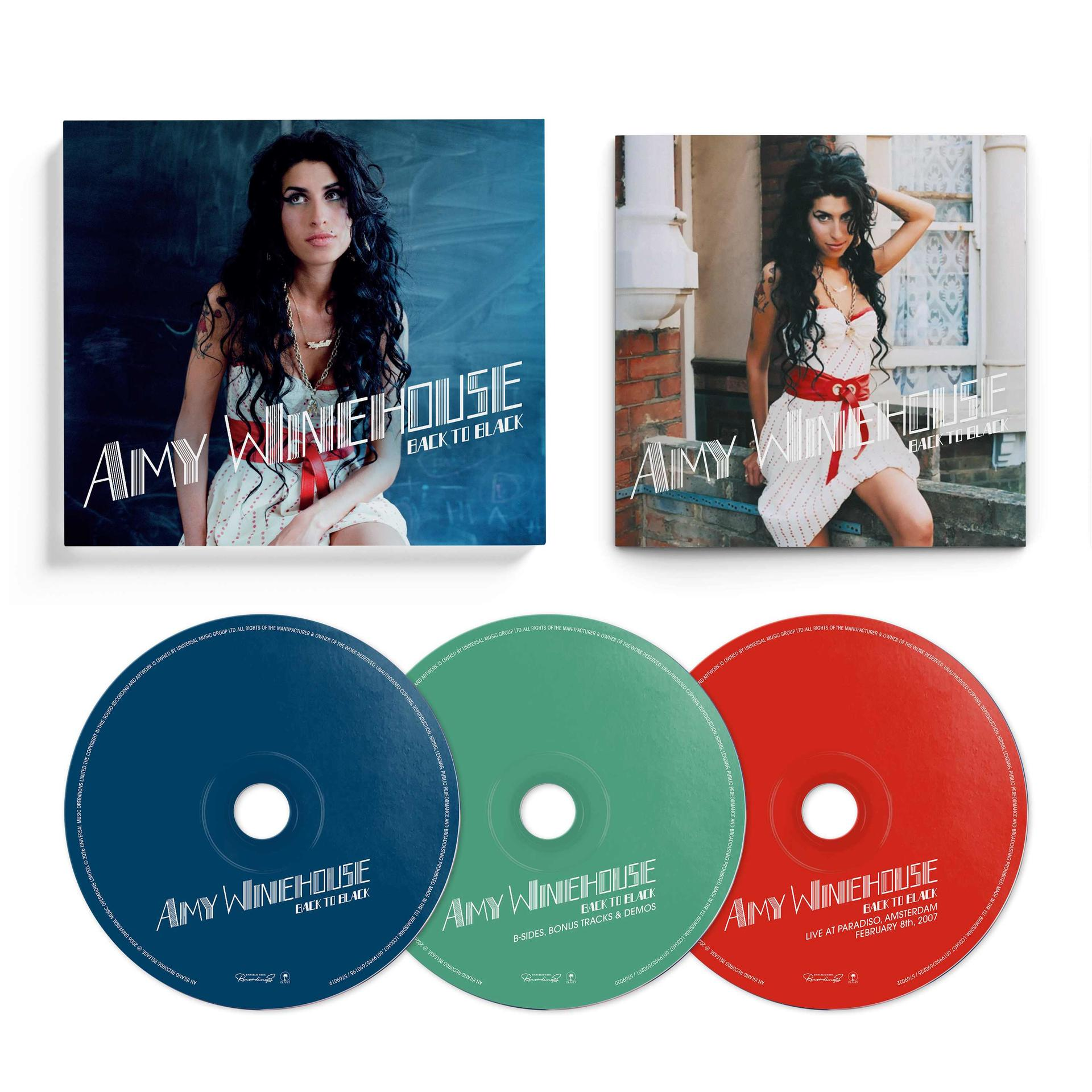 Amy Winehouse Back to Black Album-Set mit zwei CDs und drei farbigen Schallplatten.