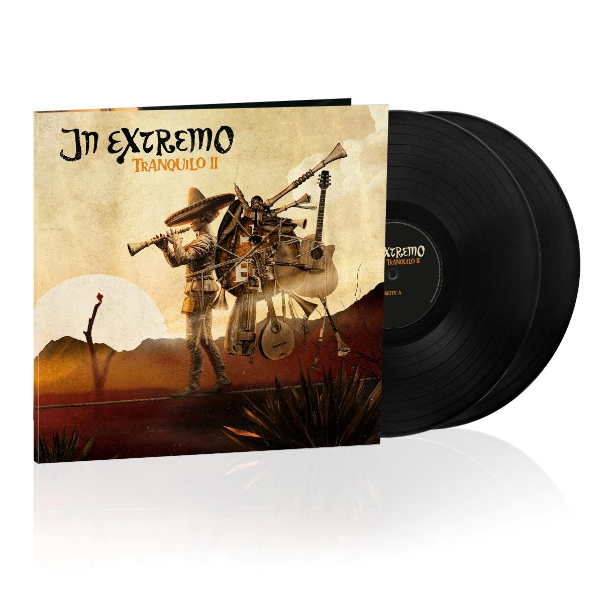 Vinyl-Album-Cover zeigt einen Musiker mit Sombrero auf einem Seil, begleitet von zwei schwarzen Schallplatten.
