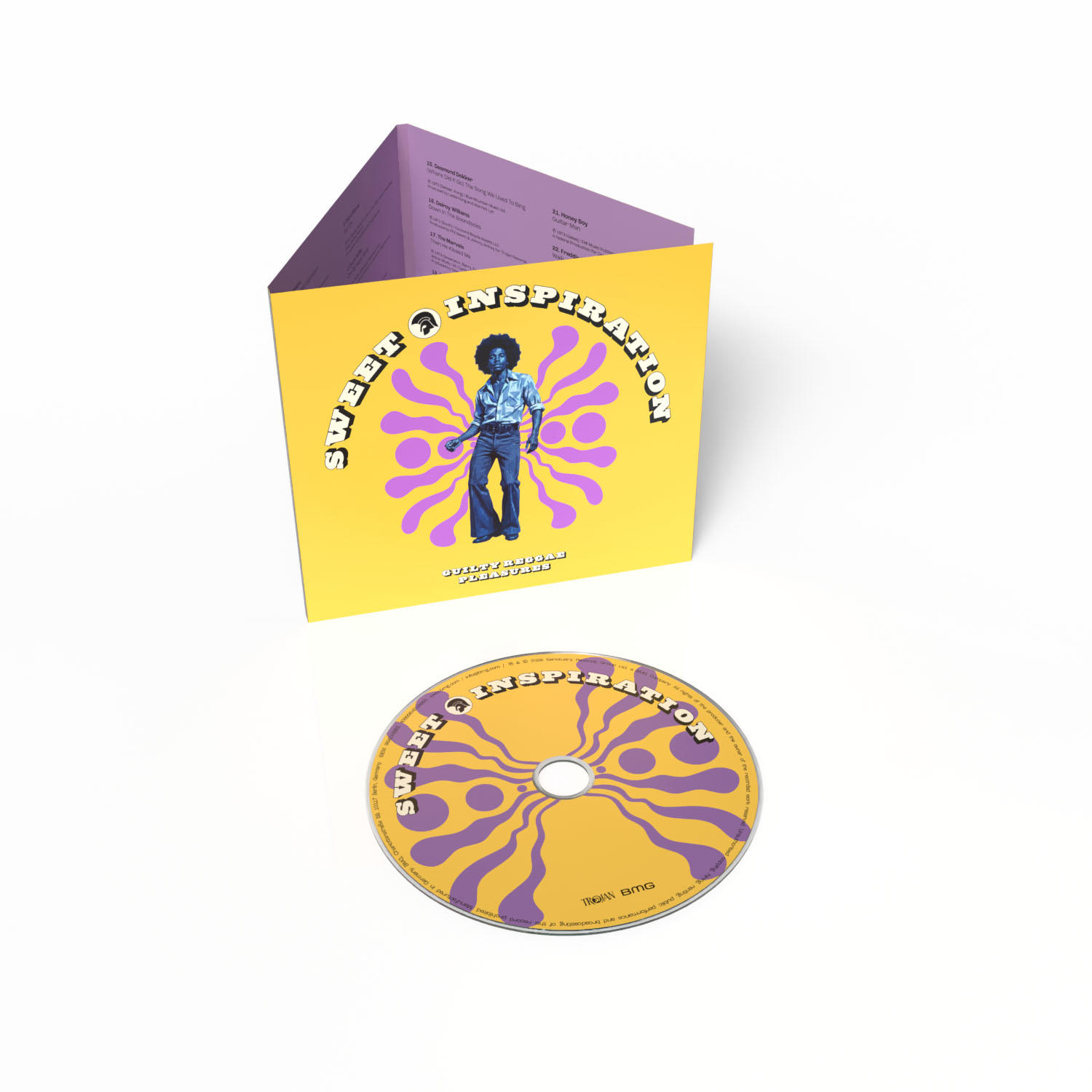 CD und gelbes Digipak mit lila psychedelischer Kunst und einem Mann in der Mitte.